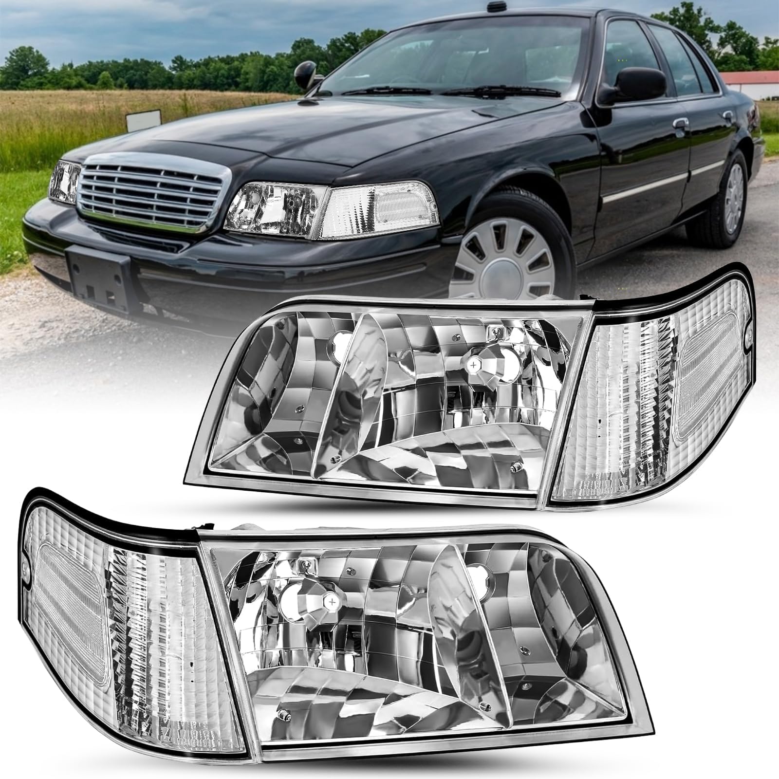 JSBOYAT 4pcs Halogen Headlight Assembly Replacement w/Corner Lights for 98-11 Ford Crown Victoria Headlamp (Chrome Housing with Clear Reflector)