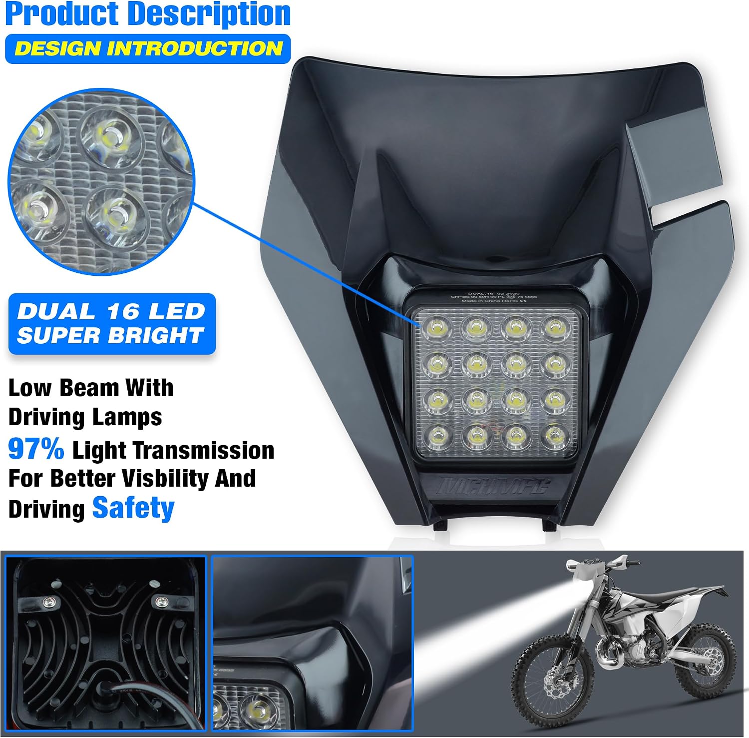 Dirt Bike Headlight,LED Enduro Pit Bike Light Kit Universal For Most Dirt Pit Bike Motorcycle EXC SXF Black