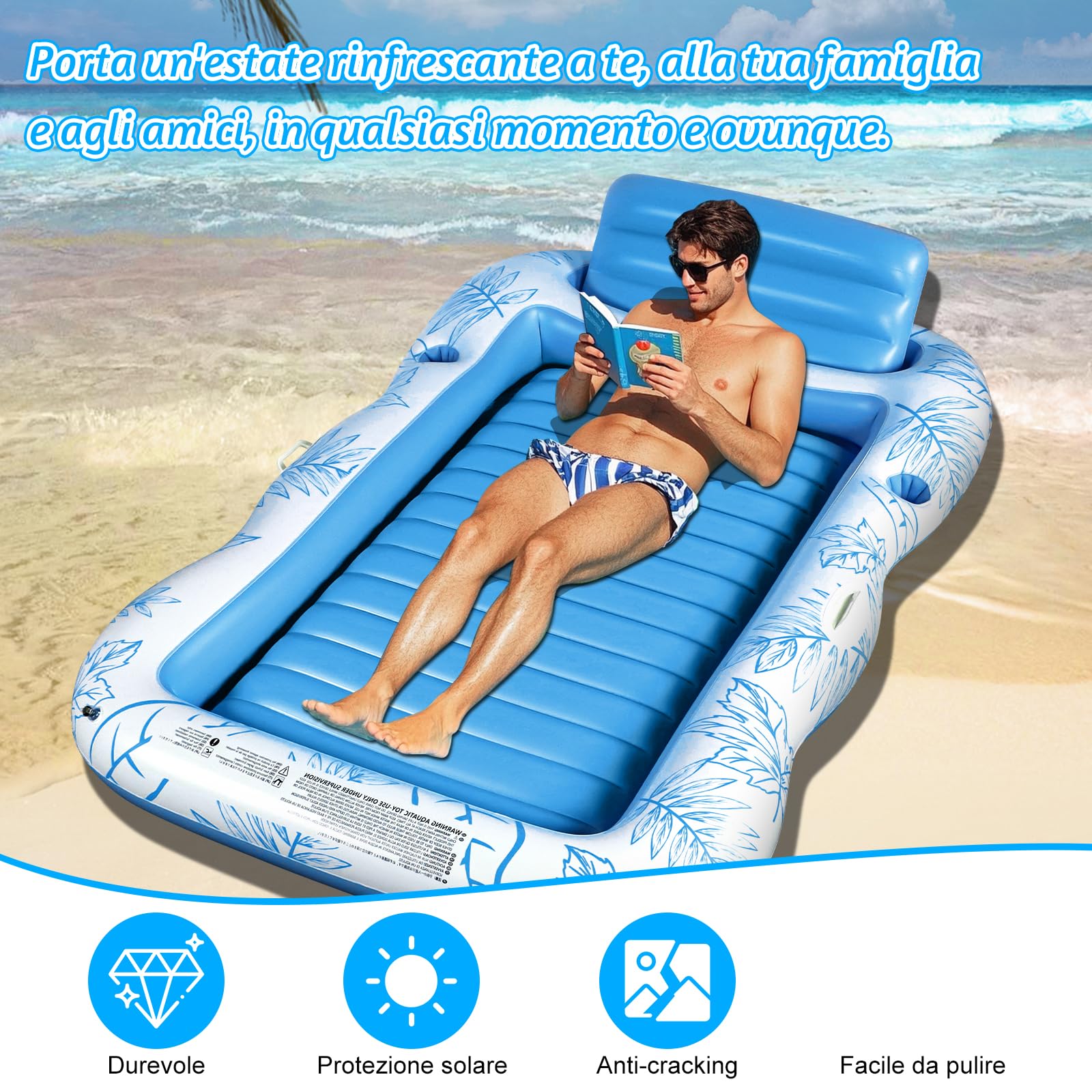 Charmofun Materassino Gonfiabile Abbronzante, Gonfiabile Galleggiante Materasso Piscina, Gonfiabile Tanning Pool, Lettino Gonfiabile Piscina con Portabicchieri e Portabibite per Adulti (Blu)
