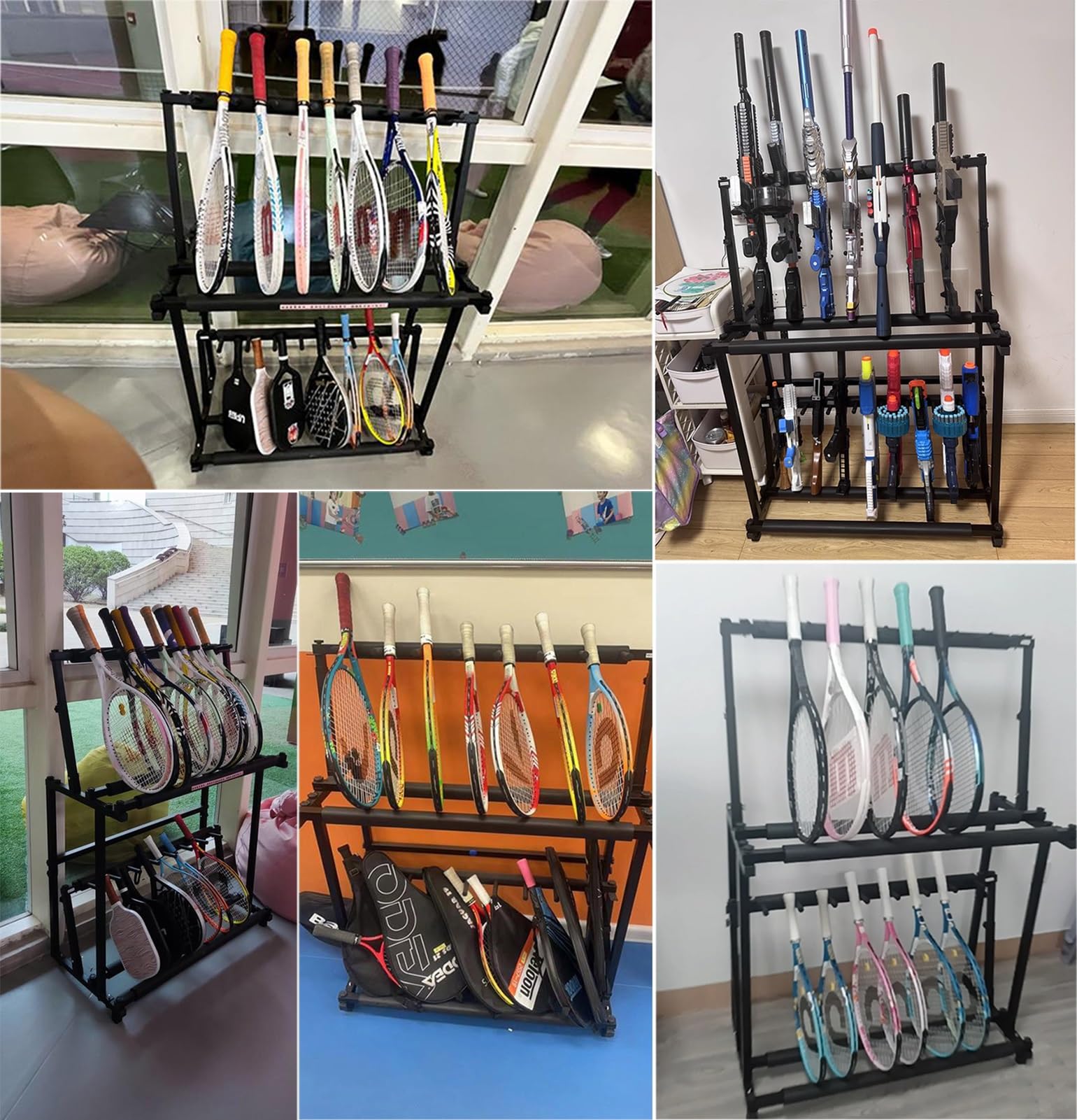 Kunovo 2-Layer Foldable Sports Equipment Shelf, Tennis Courts Racquet Storage Rack Large Capacity, Racket Display Stand for Training Areas Gym Garage