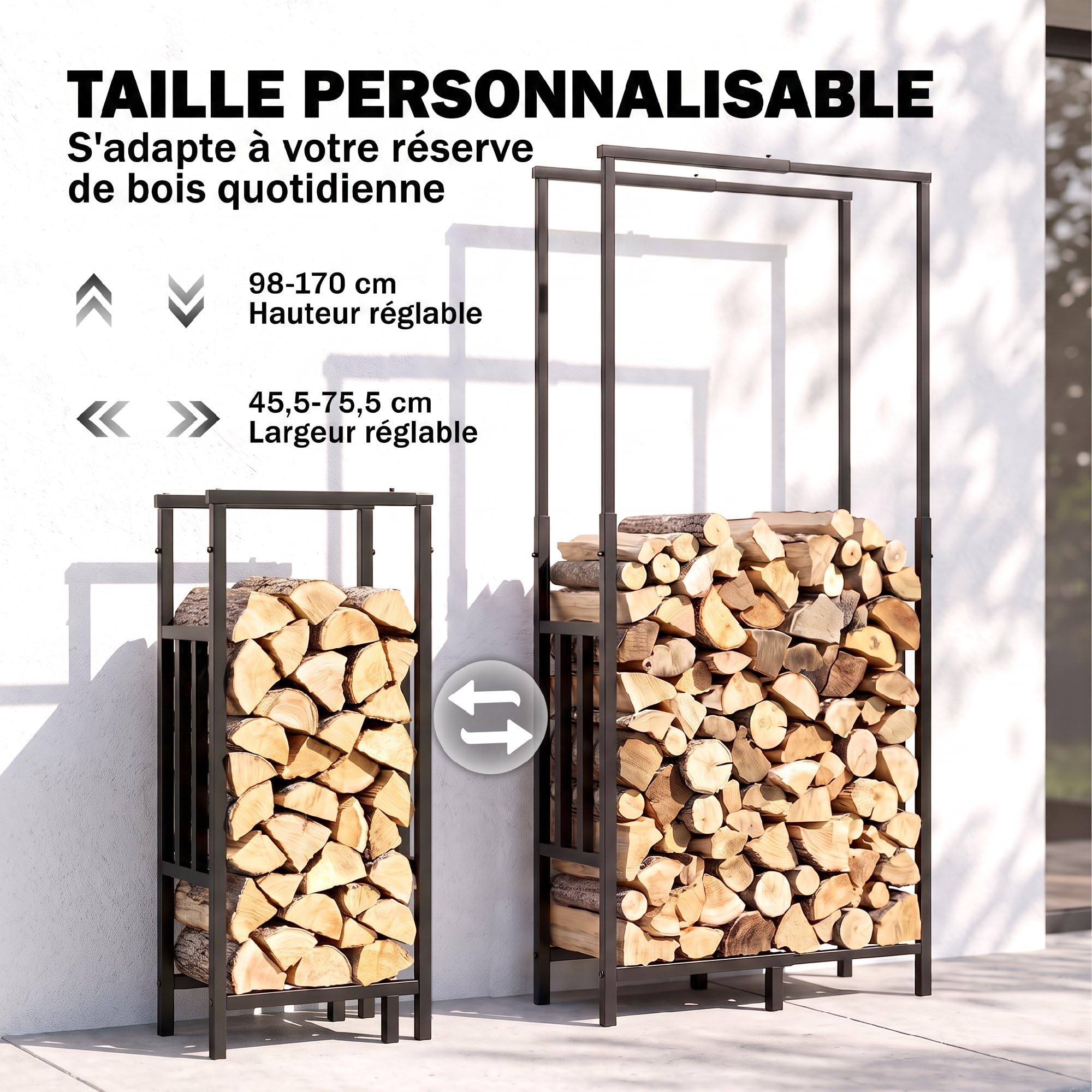 Outsunny Range Bûches en Acier - 100 kg 45,5-75,5 x 25 x 98-170 cm Noir