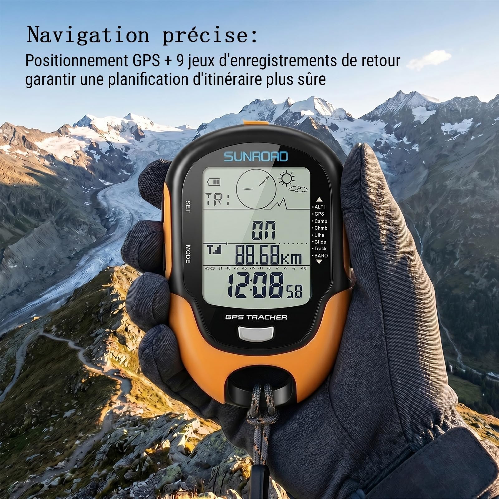 Altimètre Baromètre GPS, Appareil GPS Multifonctionnel Haute Précision avec Boussole, Thermomètre, Hygromètre, Prévisions Météo, Horloge, Date, Lampe de Poche LED, Réveil, Étanche IPX4