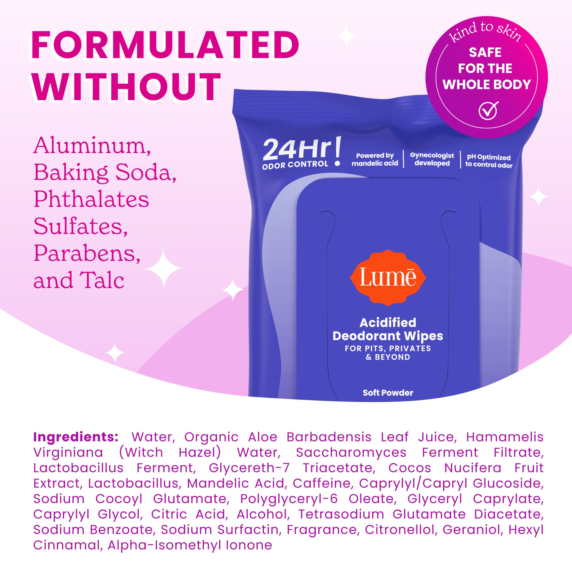 Lume Acidified Deodorant Wipes - 24 Hour Odor Control - Whole Body Deodorant Wipes - Aluminum Free, Baking Soda Free, Skin Loving - Flushable - 15 Count - 3 Pack (Soft Powder)