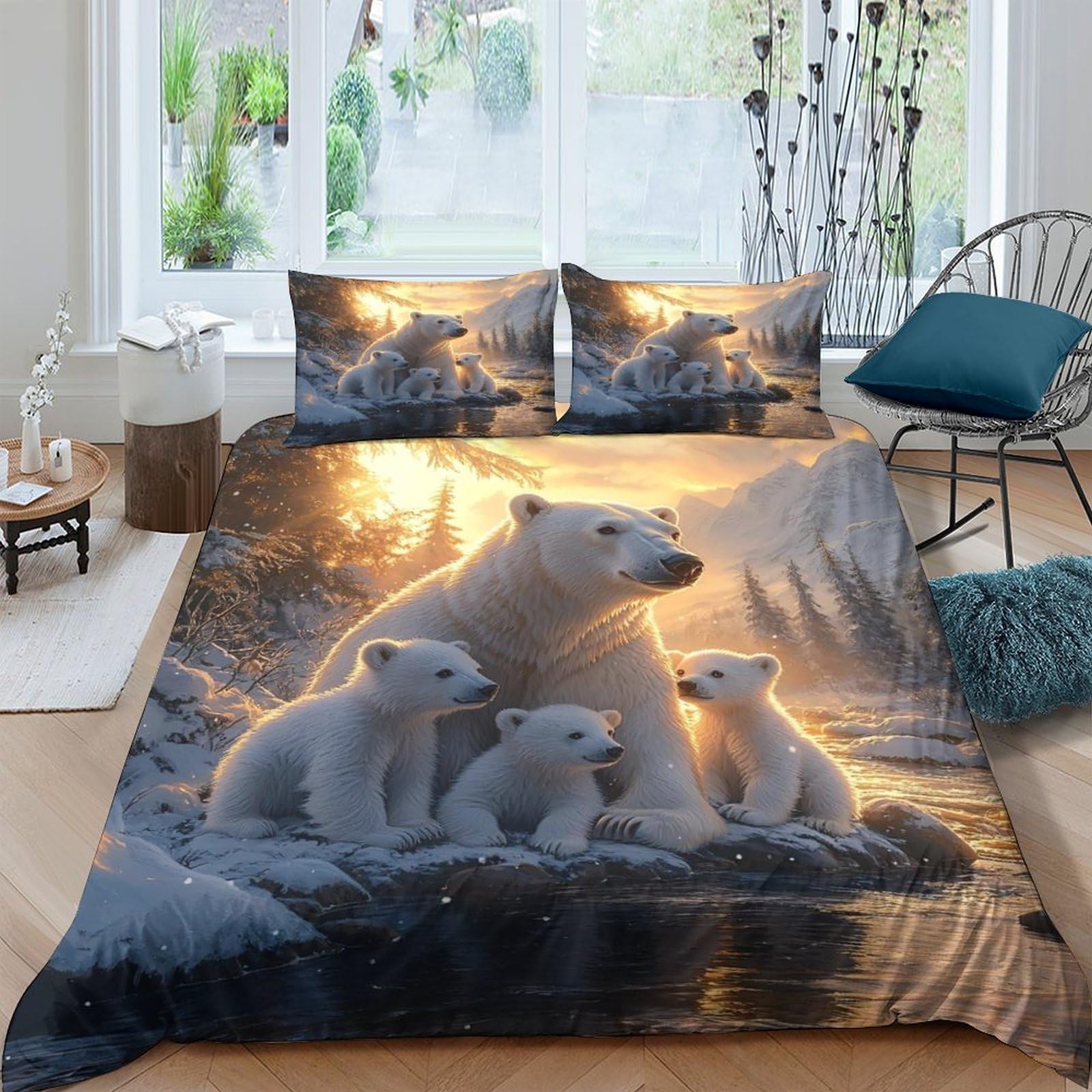 Ctjqhvkz Style-10 3D Printed Polar Bear Family Fitted Sheet Microfiber Anti-Slip Animal Sunset Mattress Cover Bedroom Decor Single（135X200cm）