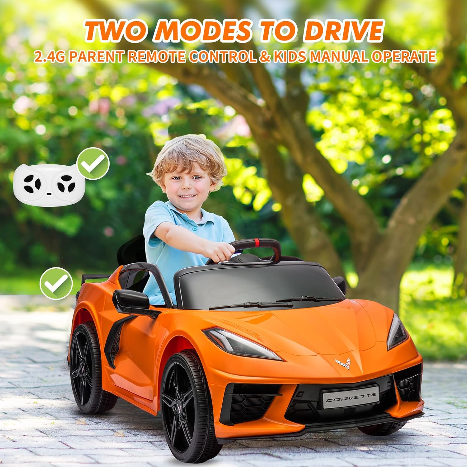 Ride on Sports Car 12V Battery Powered Car for Kids Licensed Corvette Toddles Electric Car Toy with Remote Control, Visual Dashboard, Music, LED Lights, Gifts for Boys Girls, Orange