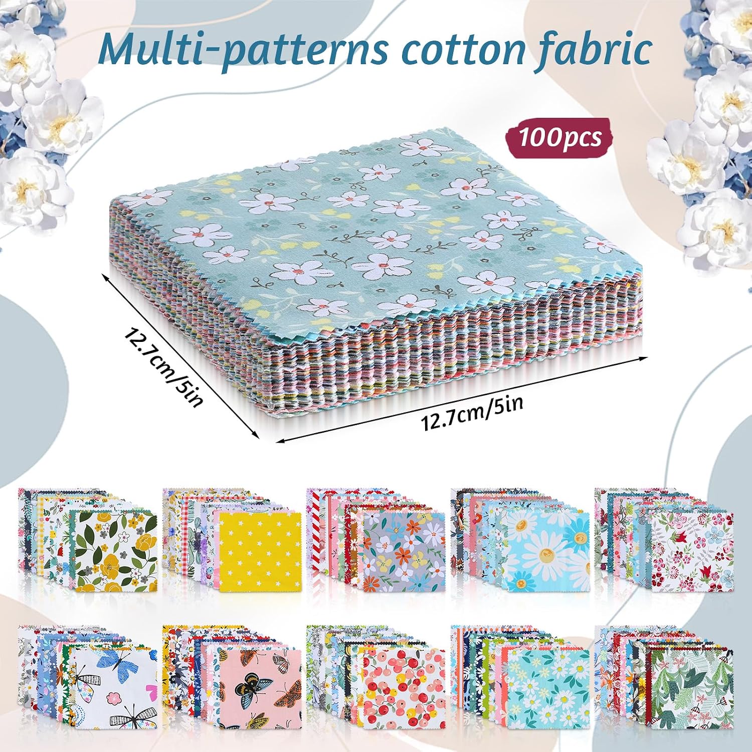 100 Pcs 5"x 5" Charm Packs for Quilting, Precut Multi-Color Printed Floral Fabric Squares Bundles Quilting Supplies, Spring Floral Color Scheme Printed Patchwork Supplies for Holiday DIY Sewing Craft image 3