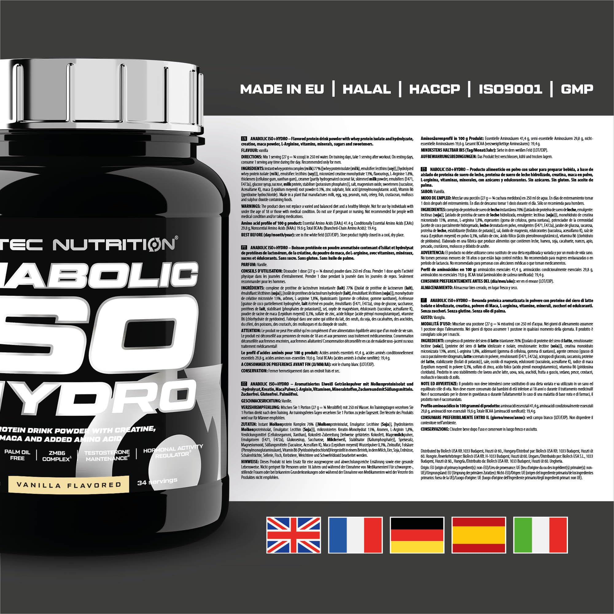 Scitec Nutrition Anabolic Iso+Hydro - Mezcla de proteína de suero - con creatina Maca y aminoácidos - Complejo ZMB6 para el mantenimiento de la testosterona, 920 g, Vainilla
