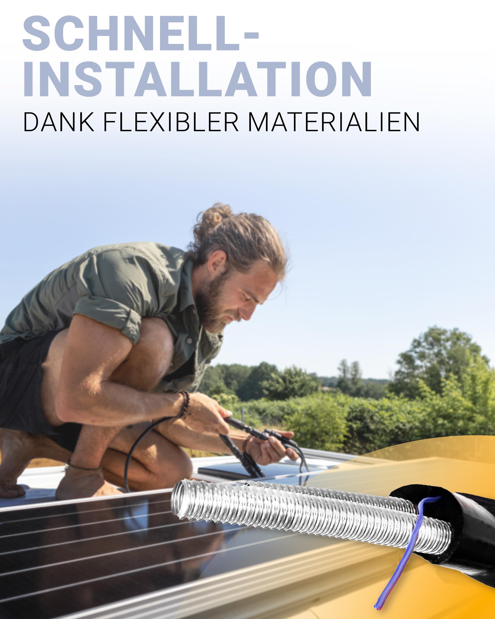 Solardoppelleitung DN20 Edelstahlwellrohr mit Fühlerkabel – Solarrohr/Solarleitung für Solarthermie – Doppelrohr vorisoliert 13 mm EPDM – 1" Überwurfmutter – 5 m / 10 m / 15 m / 20 m / 25 m