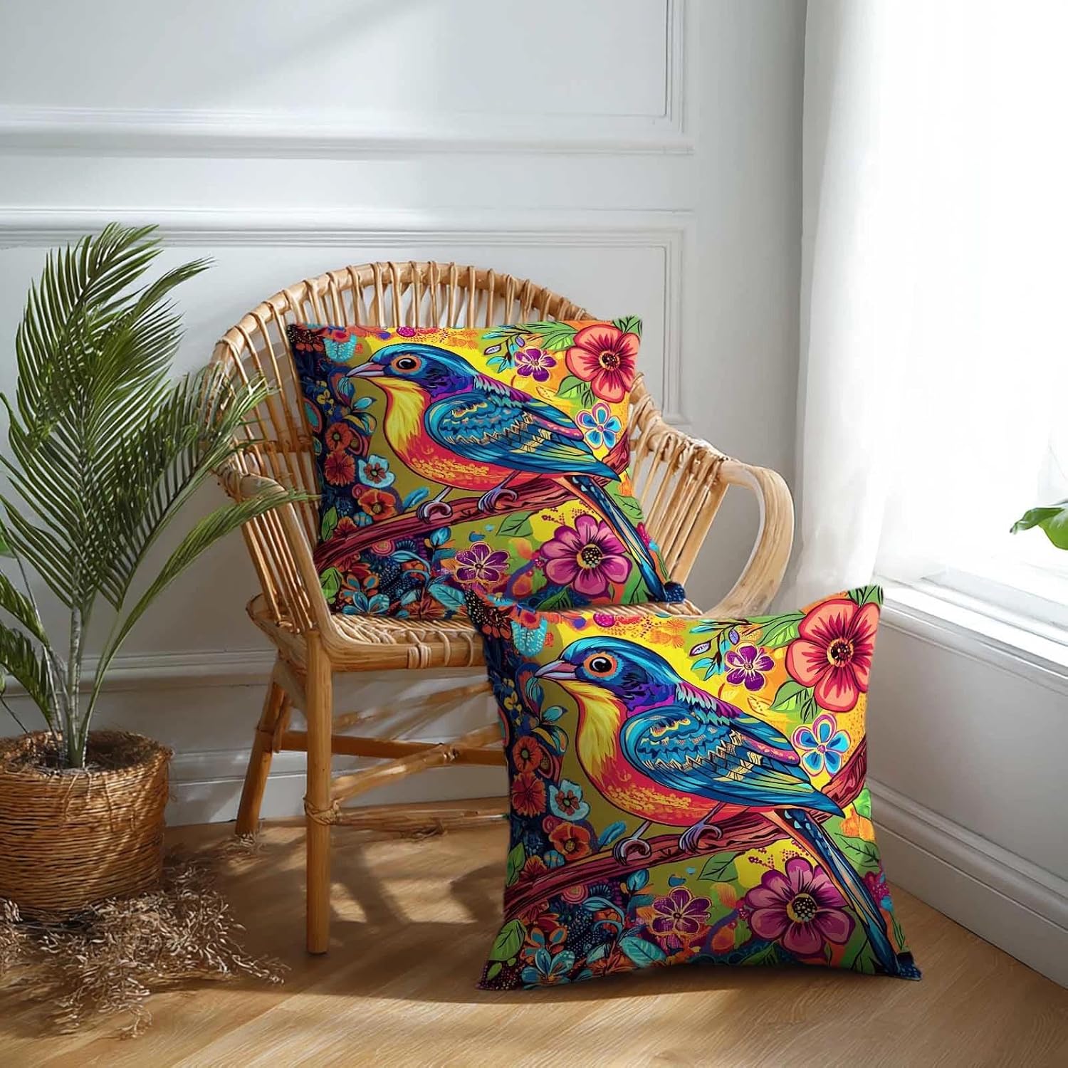 Pop Art Bird Throw Pillow Covers 18x18 Set of 2 | Decorative Cushion Cases for Couch Sofa Bed | Bird Pillowcases Decor for Living Room | Hidden Zipper | Vibrant Boho Accent - Image 2