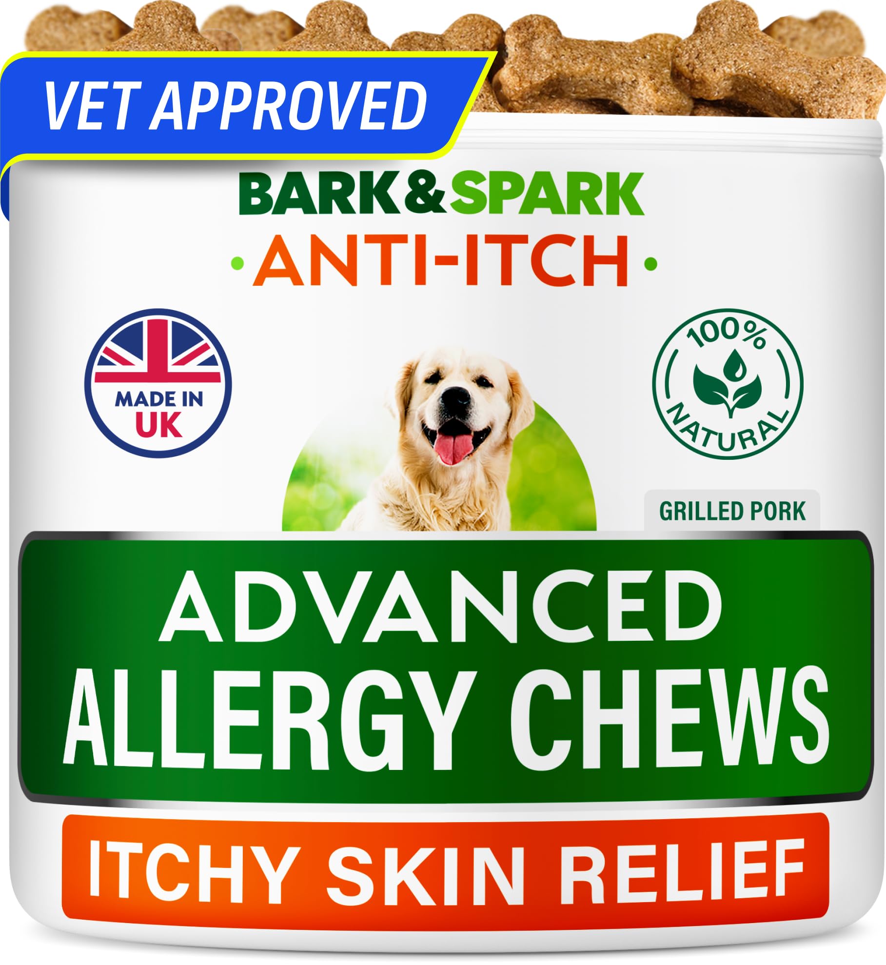 BARK&SPARK Dog Itch & Allergy Support Chews - Skin & Coat Supplement - Omega 3 Fish Oil -Itching & Paw Licking - Dry Skin & Hot Spots - 60ct - Grilled Pork