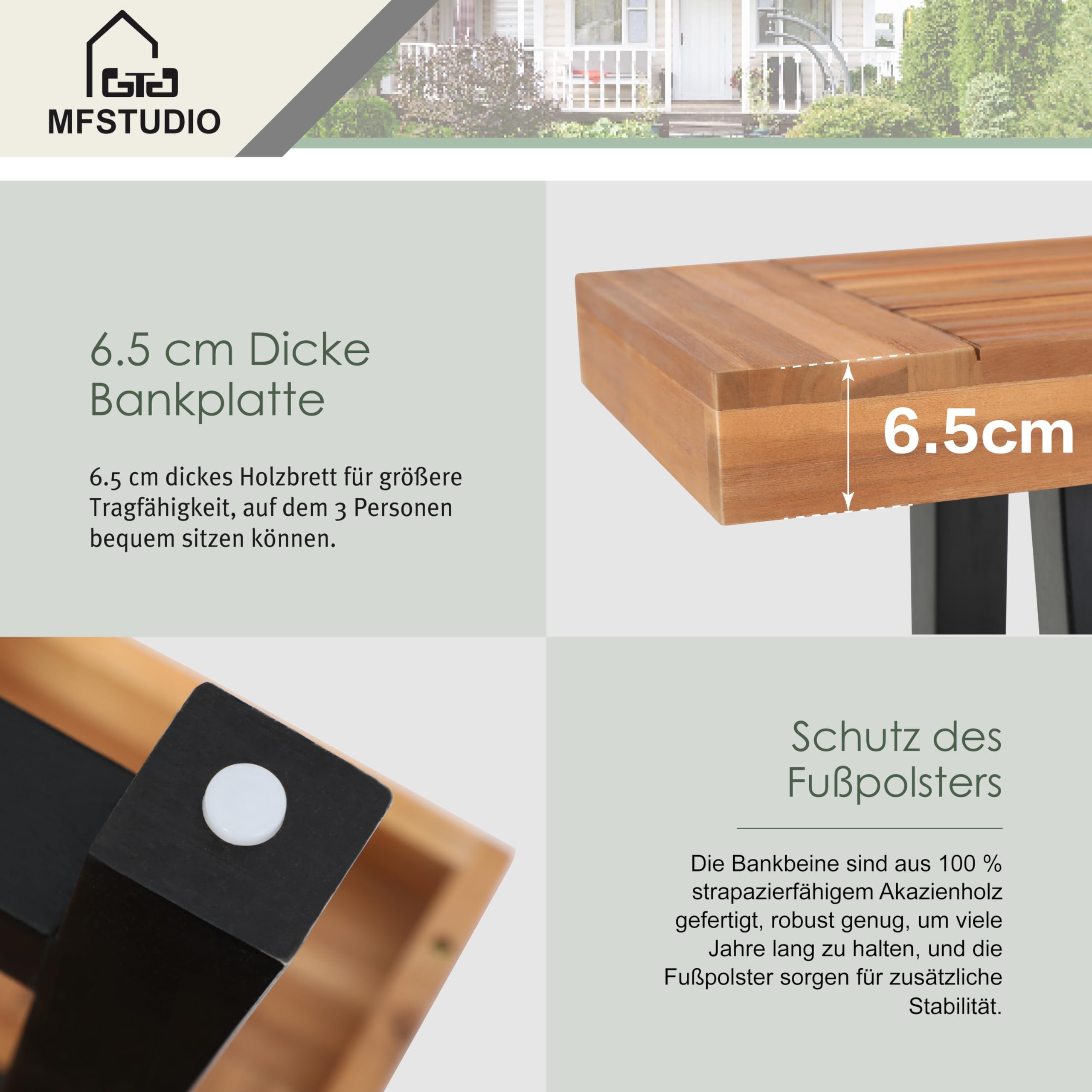 MFSTUDIO Gartenbank Wetterfest 3 Sitzer, 100% Akazienholz Parkbank | Akazienholz, 160 × 36,5 × 45 cm, Platz für 2–3 Personen, Modernes Design, Einfache Montage, Langlebig