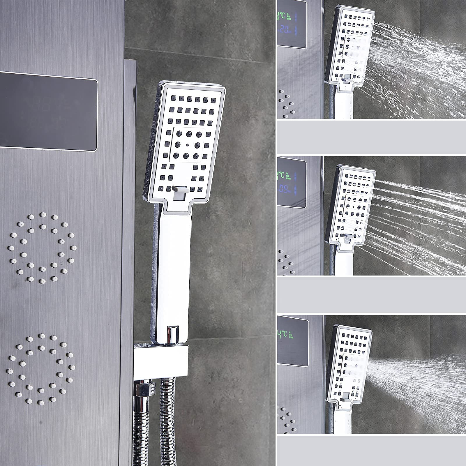 AWorddy LED Colonna Doccia Idromassaggio Miscelatore per Vasca con 5 Funzioni Pannello Doccia Set in 304 Acciaio Inox Sistema Set Doccia con Soffione Fisso,Massaggi,Doccetta e Bocca Vasca,Nera