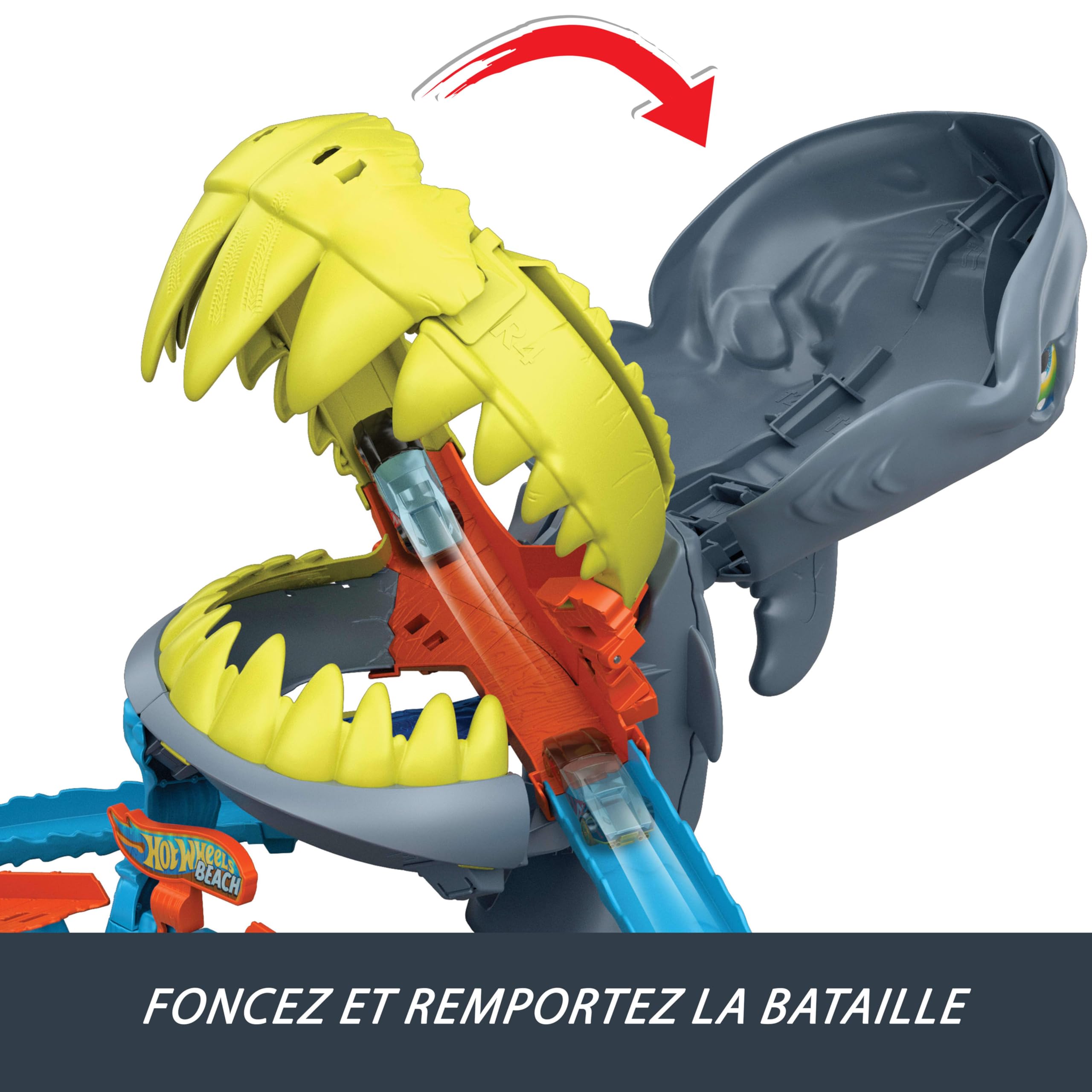 Hot Wheels L’Attaque du Requin Coffret et véhicule en métal à l’échelle 1/64. 2 modes de jeu : terrassez le requin ou faites-vous dévorer, JHL96