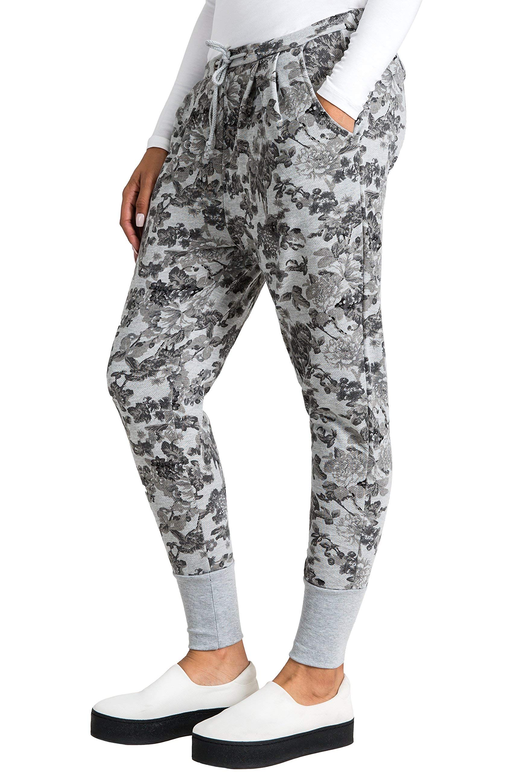 Poetic Justice Curvy Women Floral Printed Heather Grey French Terry Jogger Pants