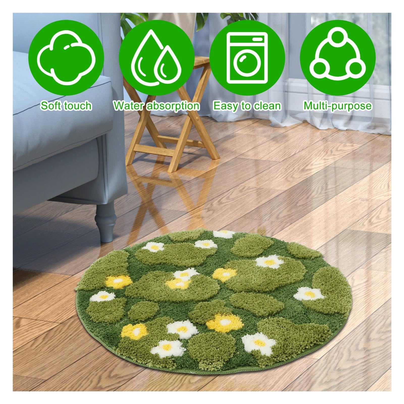 Tappetino da bagno in muschio carino Tappeto con motivo floreale in microfibra Diametro 60/80 CM rotondo antiscivolo for soggiorno Pavimento del(80 CM-1Pc)