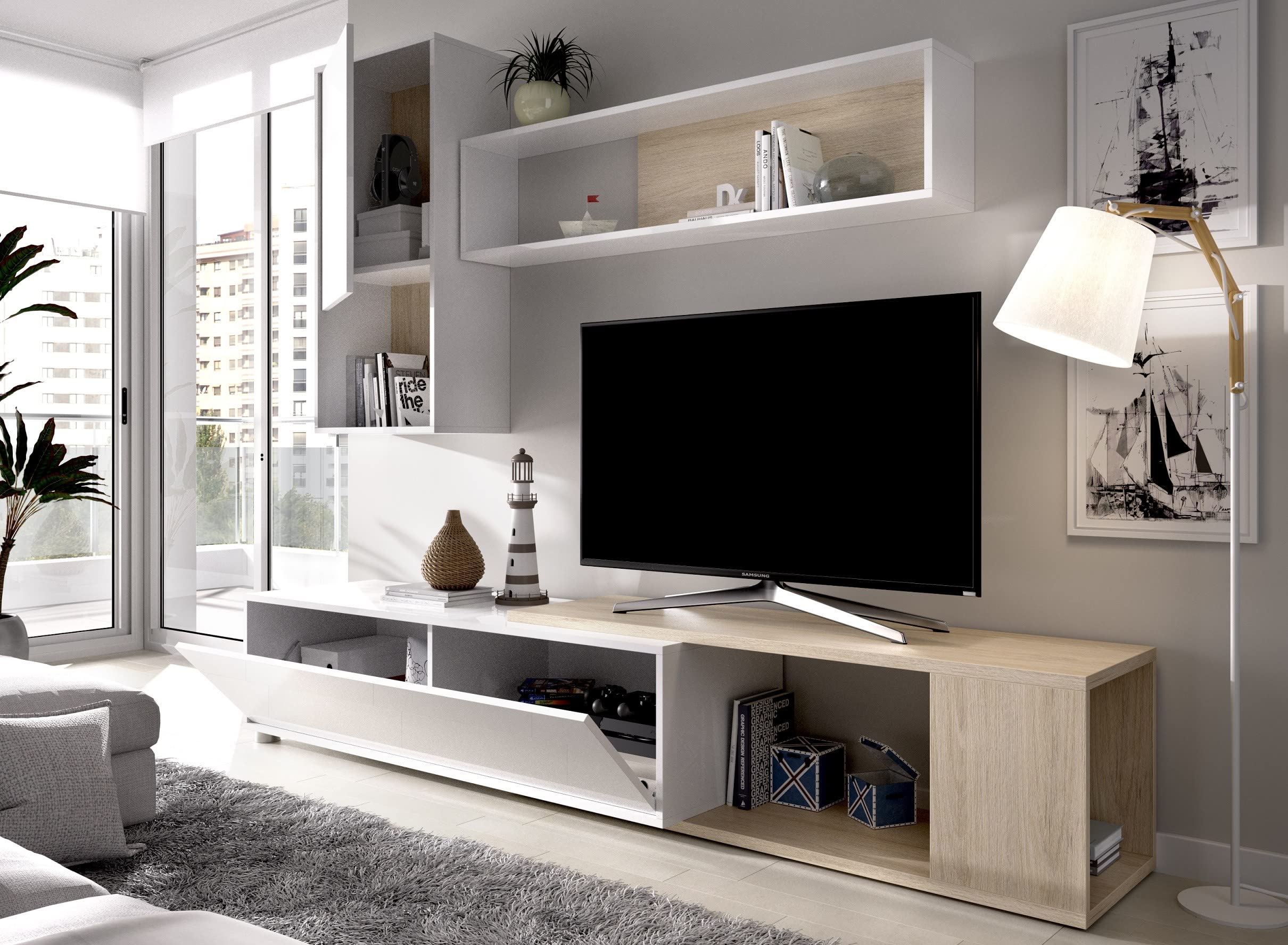 Parete attrezzata porta Tv 230 cm Luna Bianco lucido e Rovere Naturale - Bianco e Naturale