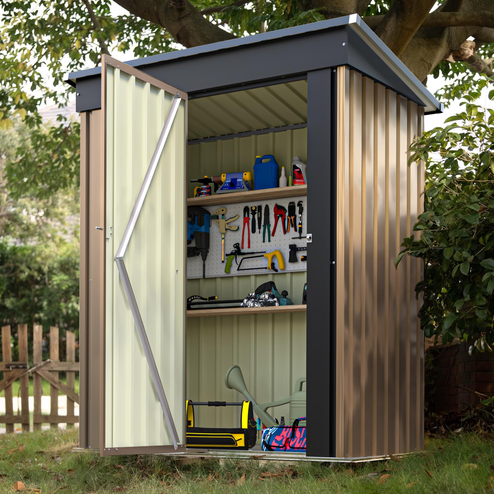 Devoko Outdoor Storage Shed 5 x 3 FT Lockable Metal Garden Shed Steel Anti-Corrosion Storage House with Single Lockable Door for Backyard Outdoor Patio (Brown)
