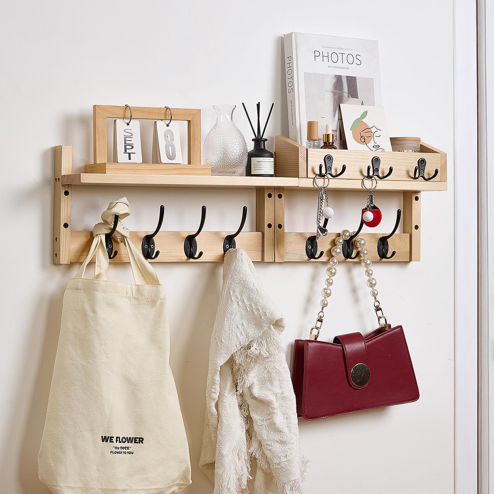 Photo 1 of AODANC 28.9" Wall Hanger Coat Rack Key Holder Wall Mount with Shelf,11Shelf with Coat Hooks Wall Mount, Coat Hangers for Bathroom, Living Room, Bedroom (Wood Color)
