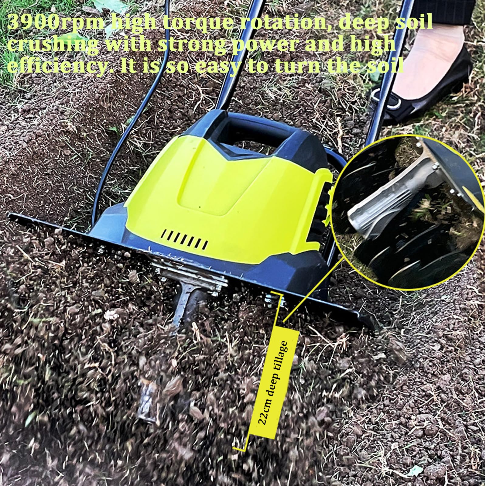 TYH Motobineuse Électrique, Scarificateur De Pelouse 2400 W, Motoculteur sans Fil, Houe Rotative Pliable À 6 Lames, Profondeur De Travail 22 Cm, Largeur 45 Cm, Motobineuse Silencieuse