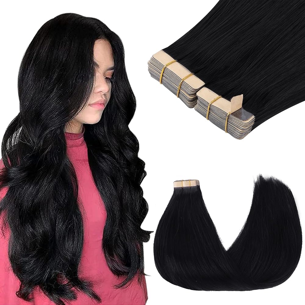 GOO GOO Tape in Hair Extensions Human Hair, 1 Jet black, 18inch 100g 40pcs, Skin Weft Seamless Invisible, Silky Straight with Thick Ends, Remy Human Hair