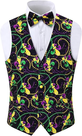 2-Piece Mens Mardi Gras Halloween Vest, Waistcoat Vest & Bow Tie S-3XL
