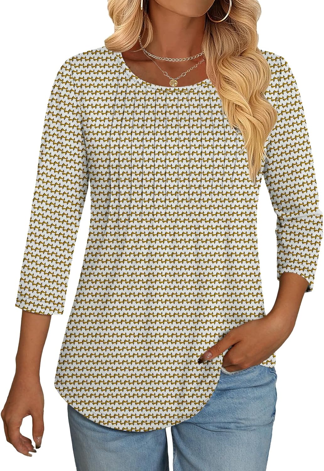 NORACORA 3/4 Length Sleeve Womens Tops Loose Fit Crew Neck Shirts Dressy Casual Pleated Cute Clothes 2026 Summer Tunics