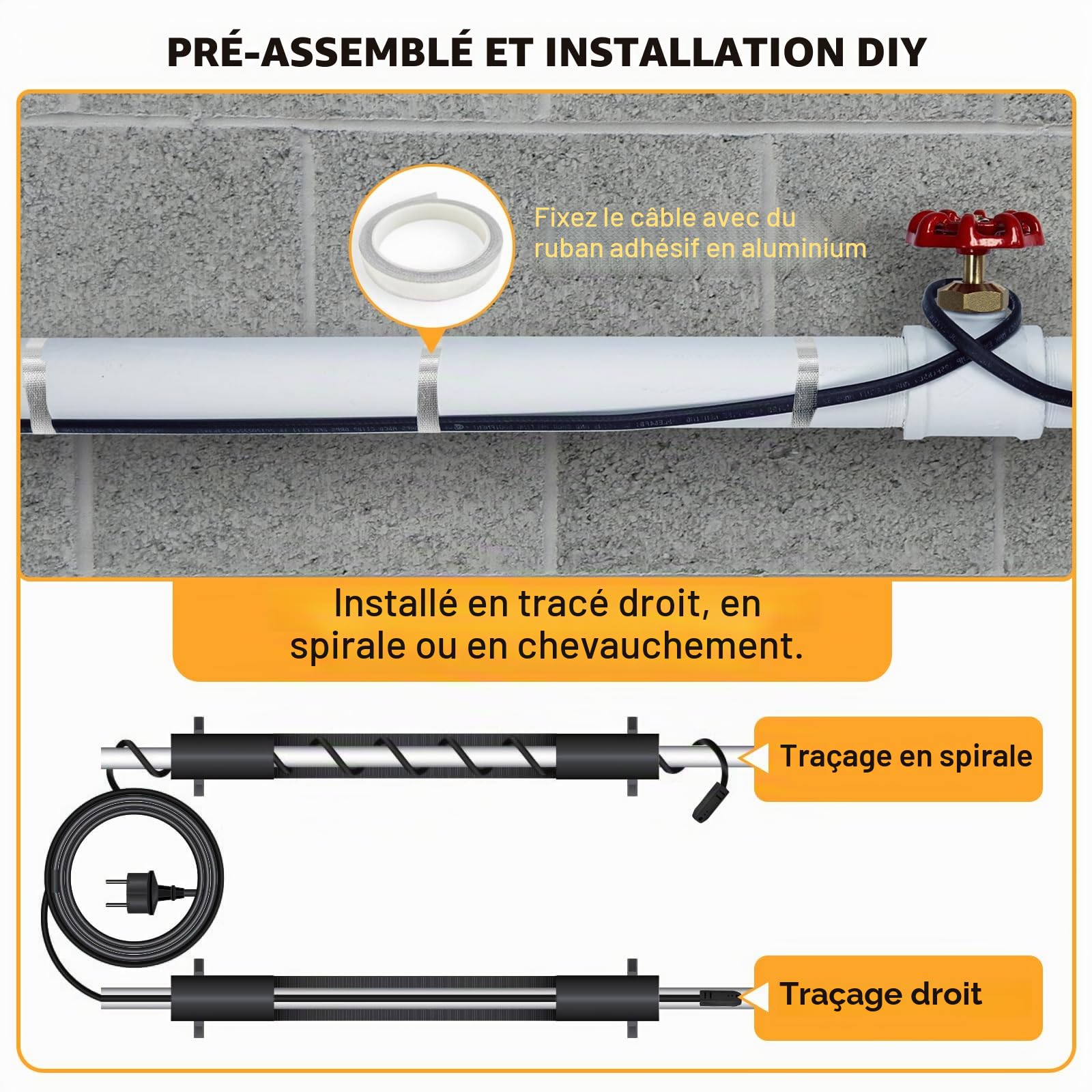 Câble Chauffant Antigel Auto-Régulant 25W/M 12M avec Thermostat pour Canalisations