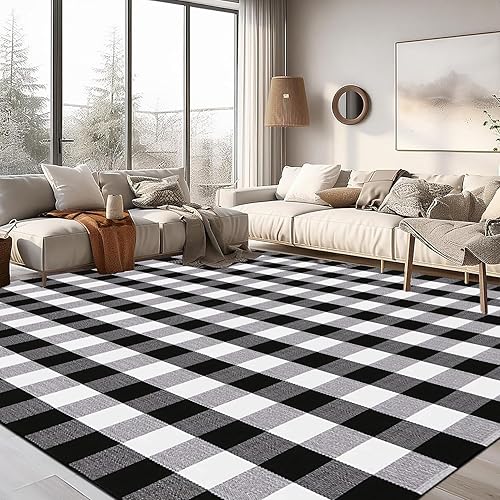 LHLJOYU Buffalo - Alfombra de algodón tejida a mano con diseño de cuadros, color blanco y negro, 5.5 x 7.5 pies, alfombra lavable para exteriores, disponible en Yaxa Peru