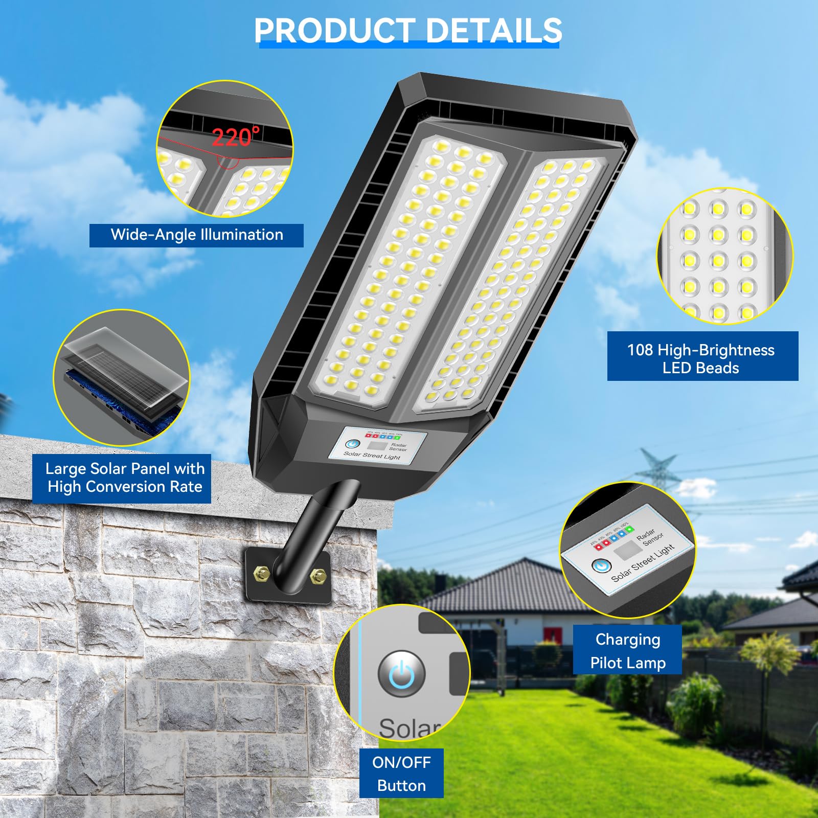 Adewalk 700W Lampione Solare Led Esterno con Telecomando, IP66 Impermeabile Lampada Stradale Solare con Sensore di Movimento, 6500K Super Bright Lampioni da Giardino Esterno Solari per Garage Strada