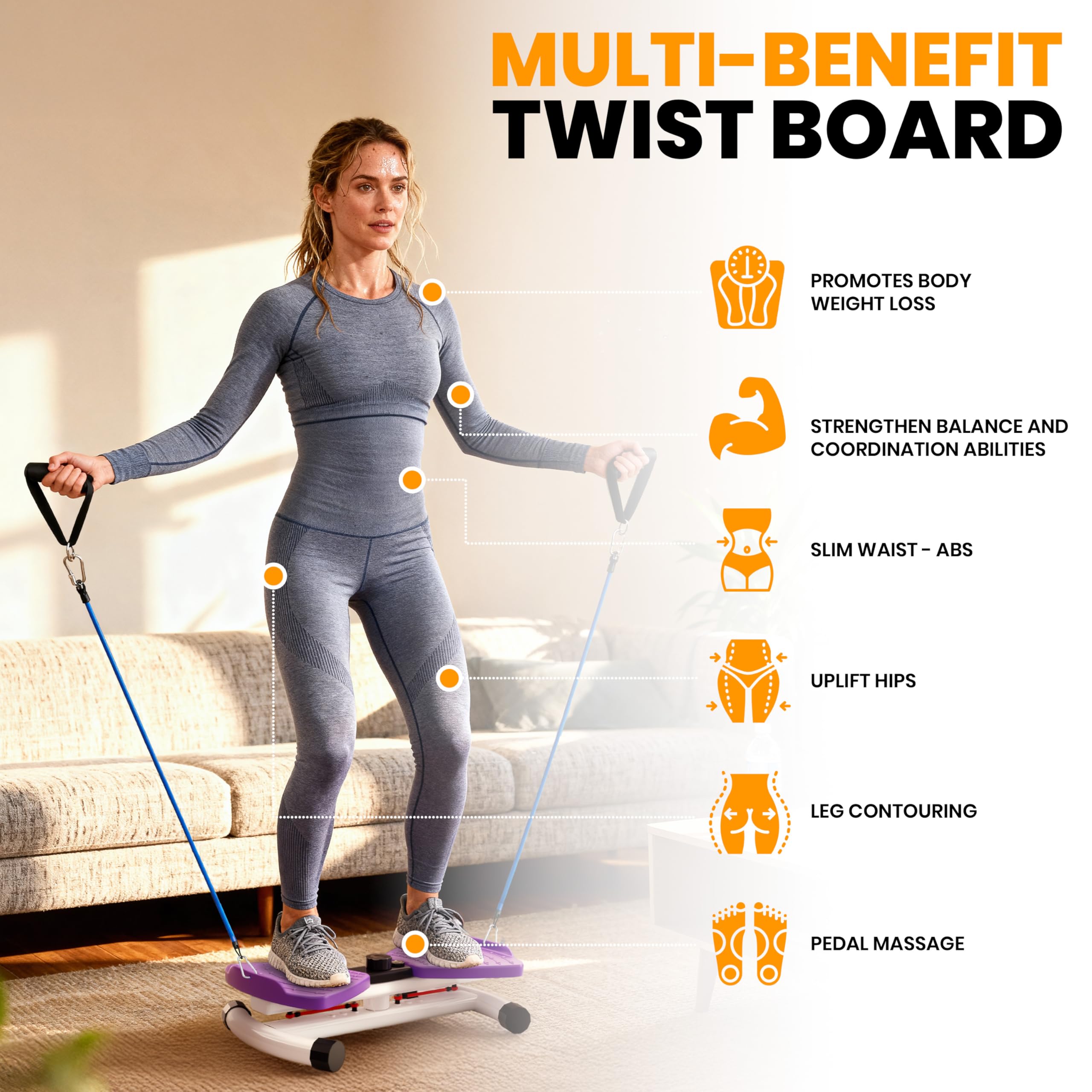 Ronai Máquina de torsión de cintura con bandas de resistencia, tabla ajustable para abdominales para fitness en el hogar, pedales duales, rotación silenciosa, rastrea el tiempo, repeticiones y calorías, capacidad de 300 libras (morado) 6