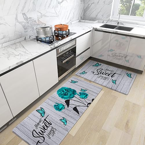 Miniatura 7 de Ikfashoni Juego de 2 tapetes de cocina para piso, tapete de cocina floral antifatiga antideslizante, impermeable, cómodo tapete de cocina de granja