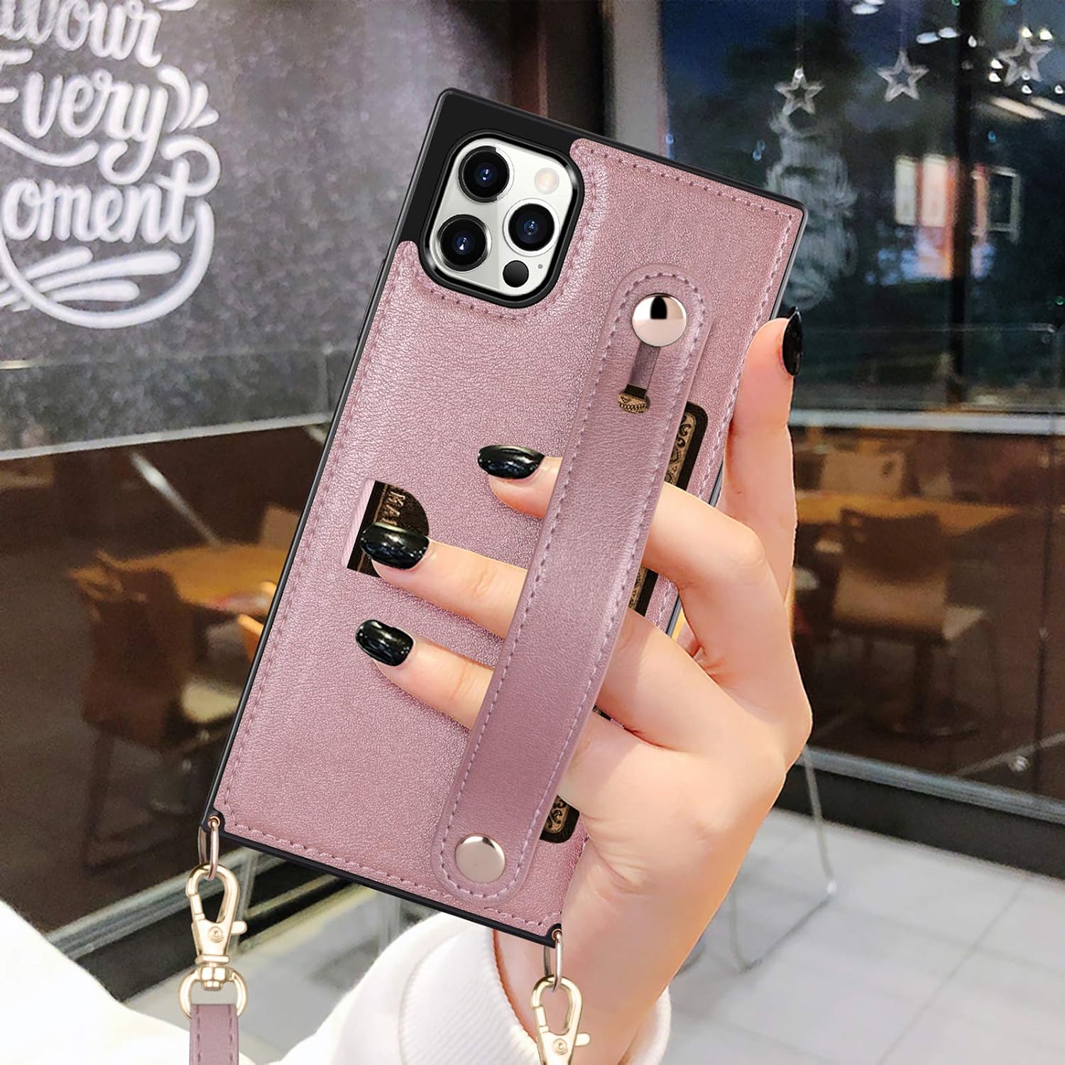 HianDier Wallet Case Compatible with iPhone 12 Pro Max Case 5G 6.7-inch Slim Protective with Hand Strap Holder Kickstand Lanyard Credit Card Slot Soft PU Leather Square Cover, Rose Gold