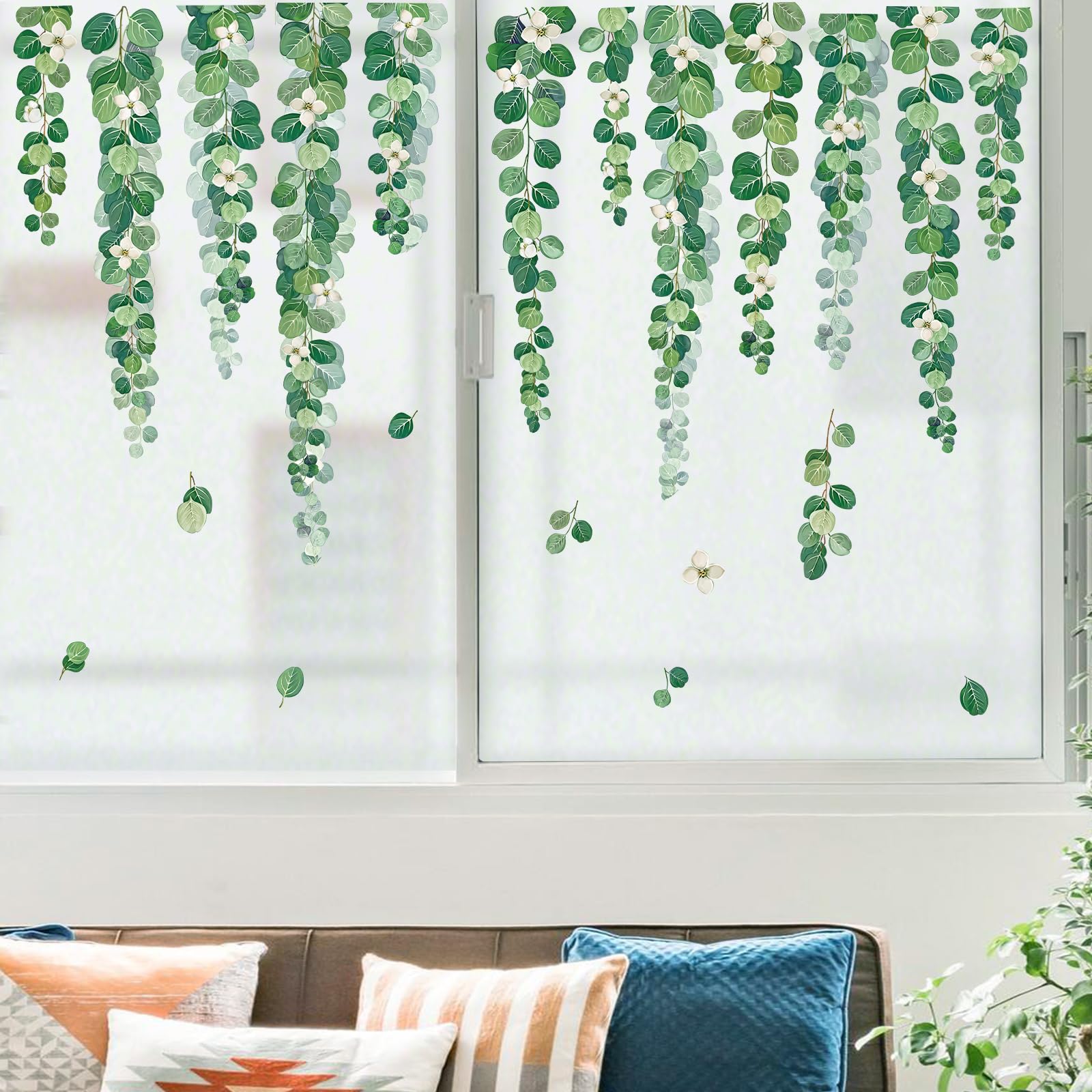 Decalmile Green Hanging Vine Window Clings - Tree Leaves Plants Decals Anti-Collision Glass Doors Stickers