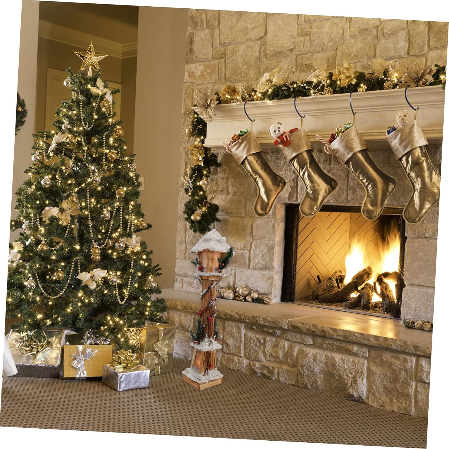 Creative Wooden Christmas Luminous Streetlamp Model Decorative Xmas Lamp Post for Home Desktop Decor Holiday Craft Ornament for Party Garden Office Showcase