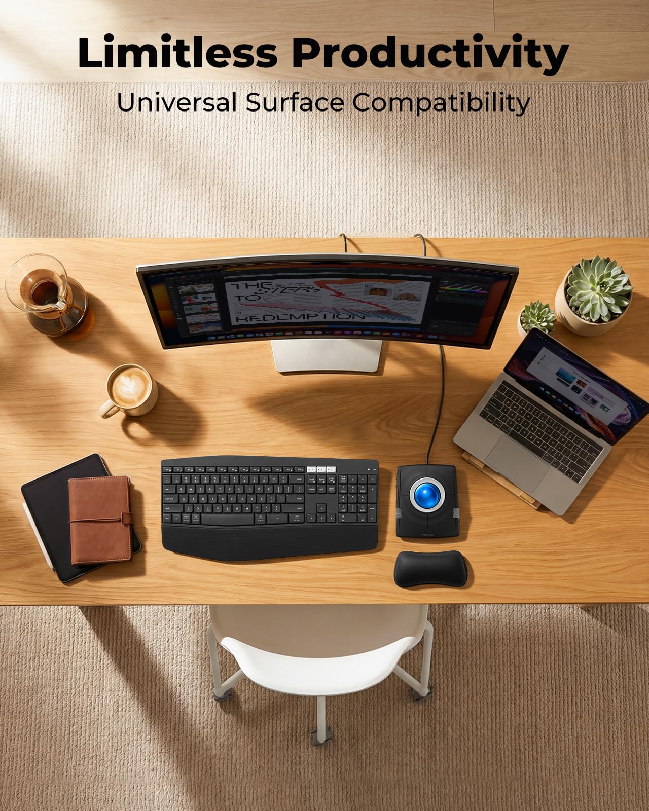 Ratón con cable, control ergonómico de dedo con bola grande de 55 mm, DPI ajustable de 4 niveles, diseño ambidiestro, reposamuñecas incluido, compatible con PC, portátil, Mac, Windows, color