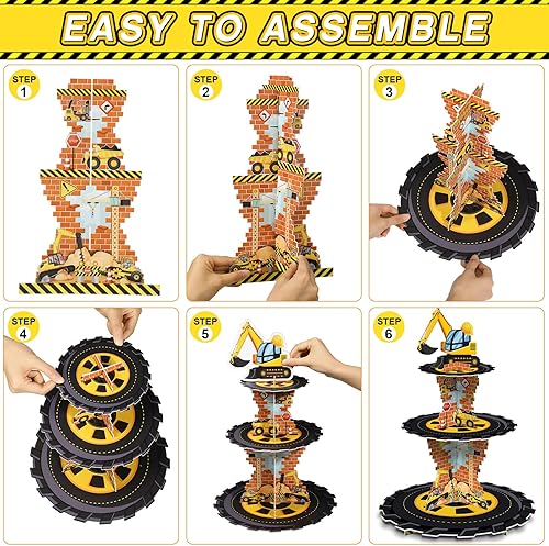 Miniatura 4 de Tiamon Decoraciones de cumpleaños de construcción de 3 niveles con tema de construcción, soporte para cupcakes, camión volquete de cartón, soporte