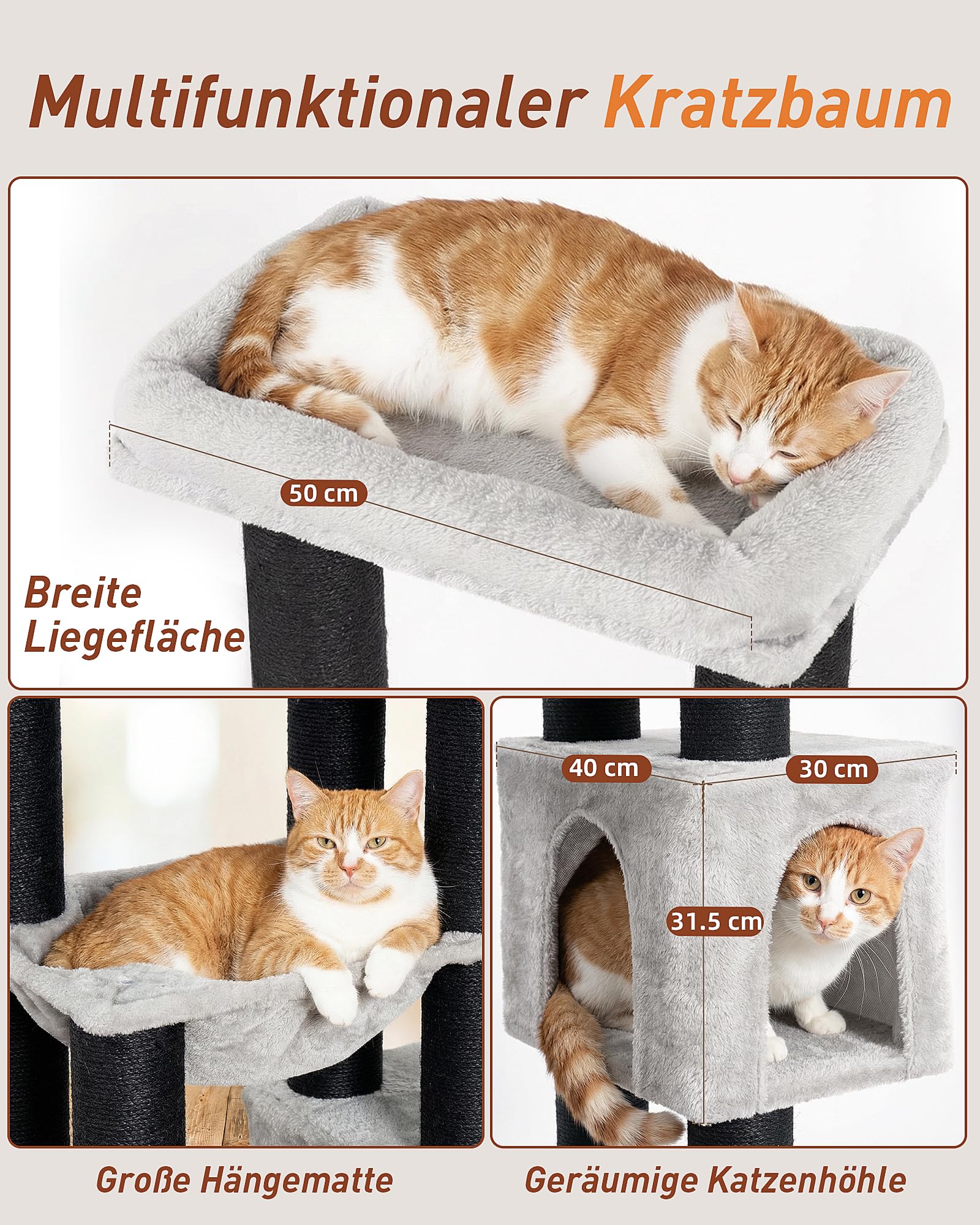 Kratzbaum für Große Katzen, 164cm Kratzbaum Groß, 11cm d Stämme | Kratzbaum Grosse Katzen Stabil, 2 Hängematte, 2 Plüschplattform, 2 Höhle, Mehrstöckiger Katzenbaum für Große Katzen, Grau