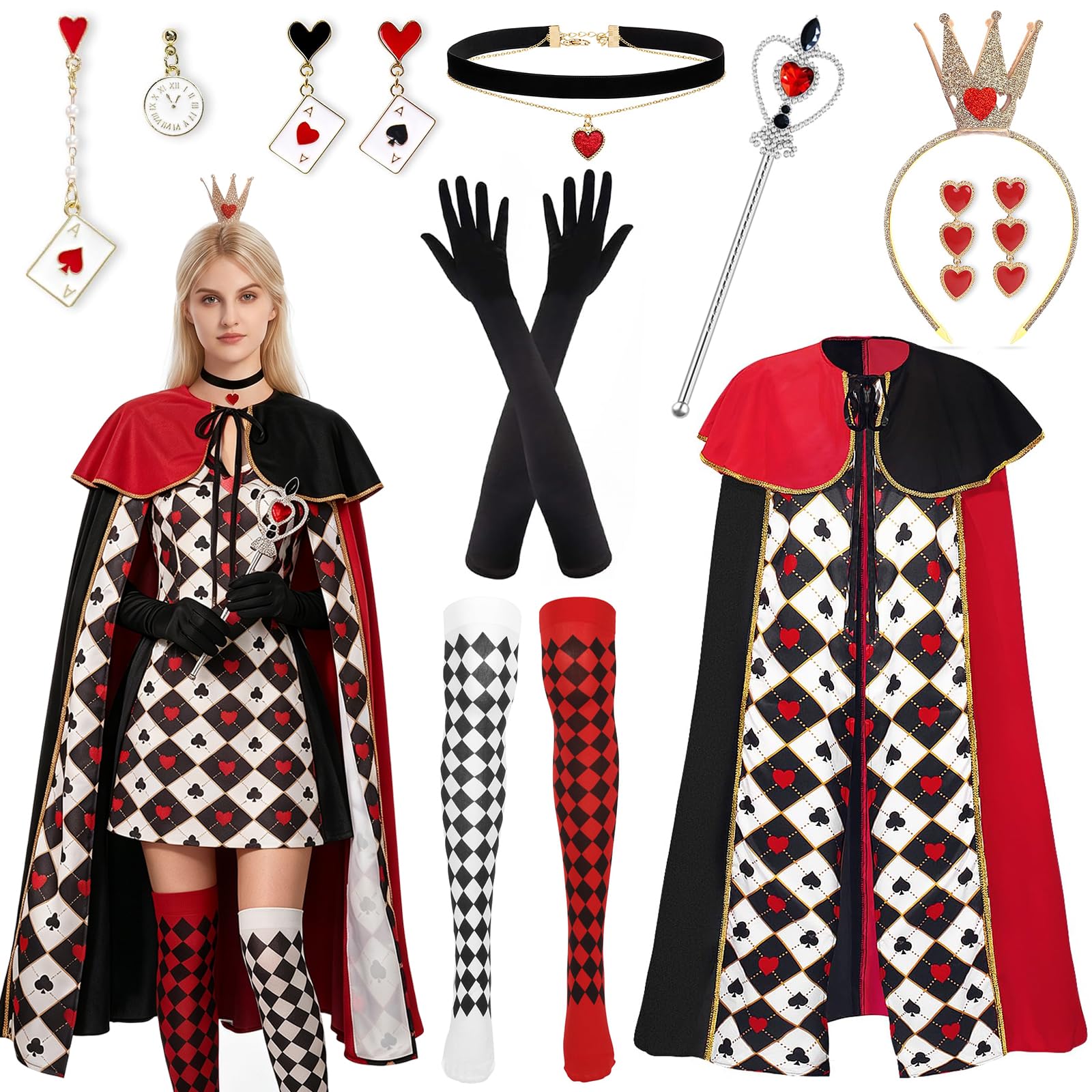 iSharely 9Pcs Queen of Hearts Costume Set, Queen Fancy Dress Outfit