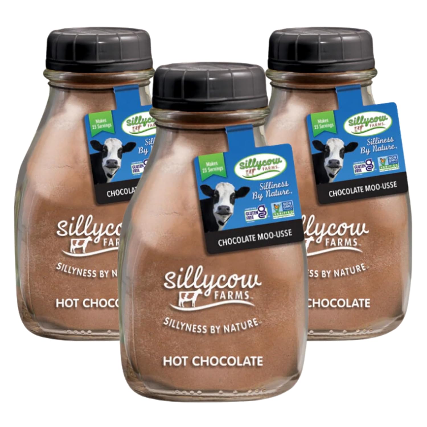 Sillycow Farms Hot Chocolate Moo-usse Mix | Rich Hot Cocoa Delight | Gluten-Free, Non-GMO, Dairy-Free |Indulgence with Pure Cocoa and Vanilla Flavor | 16.9 Oz Reusable Glass Bottle - Pack of 3