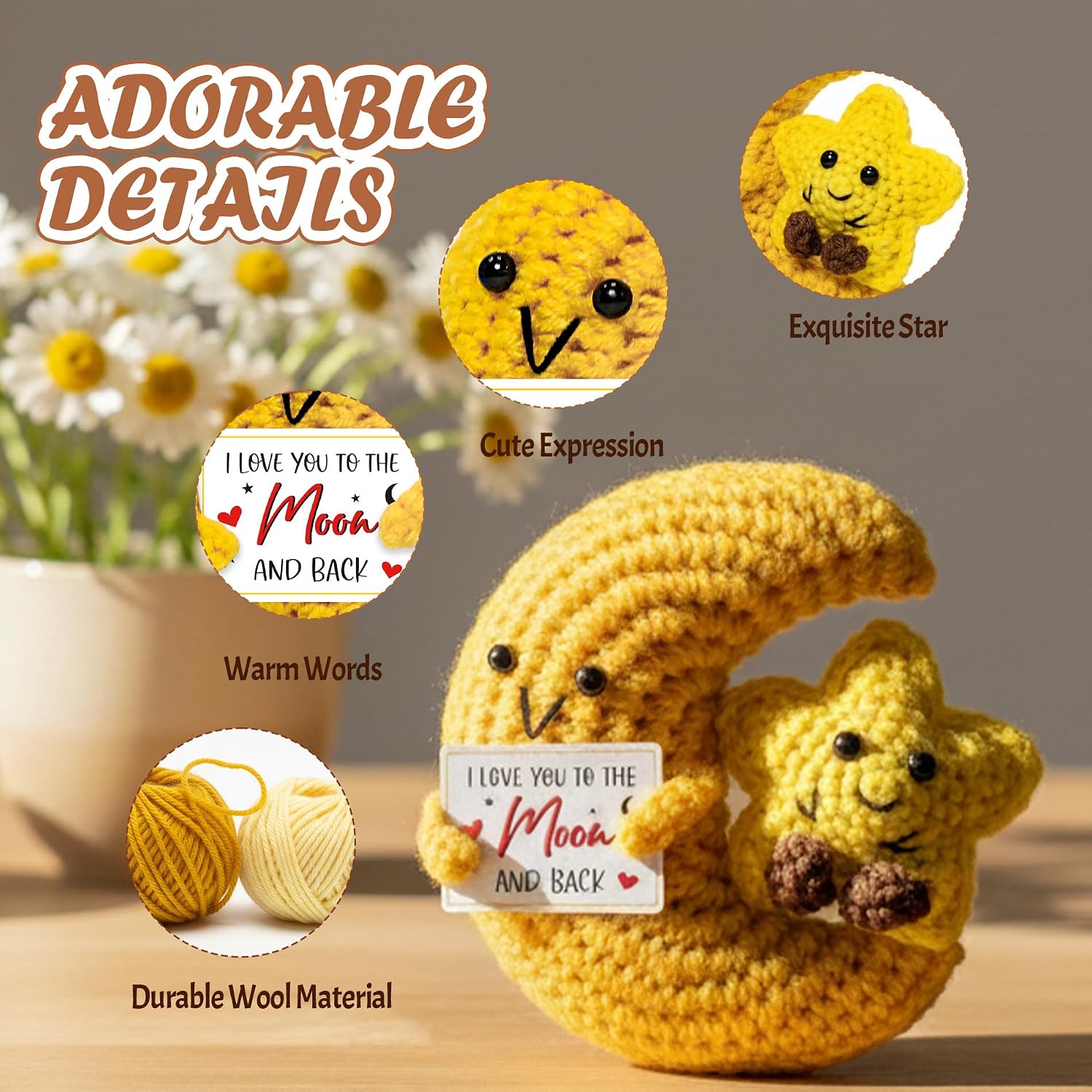 Crochet Moon Stars Love Gift – Handmade Positive Crochet Star Animal Set with Box Tulle Bag Best Friends Long Distance Couple I Love You to the Moon and Back Birthday Gift for Woman Man Adult Family