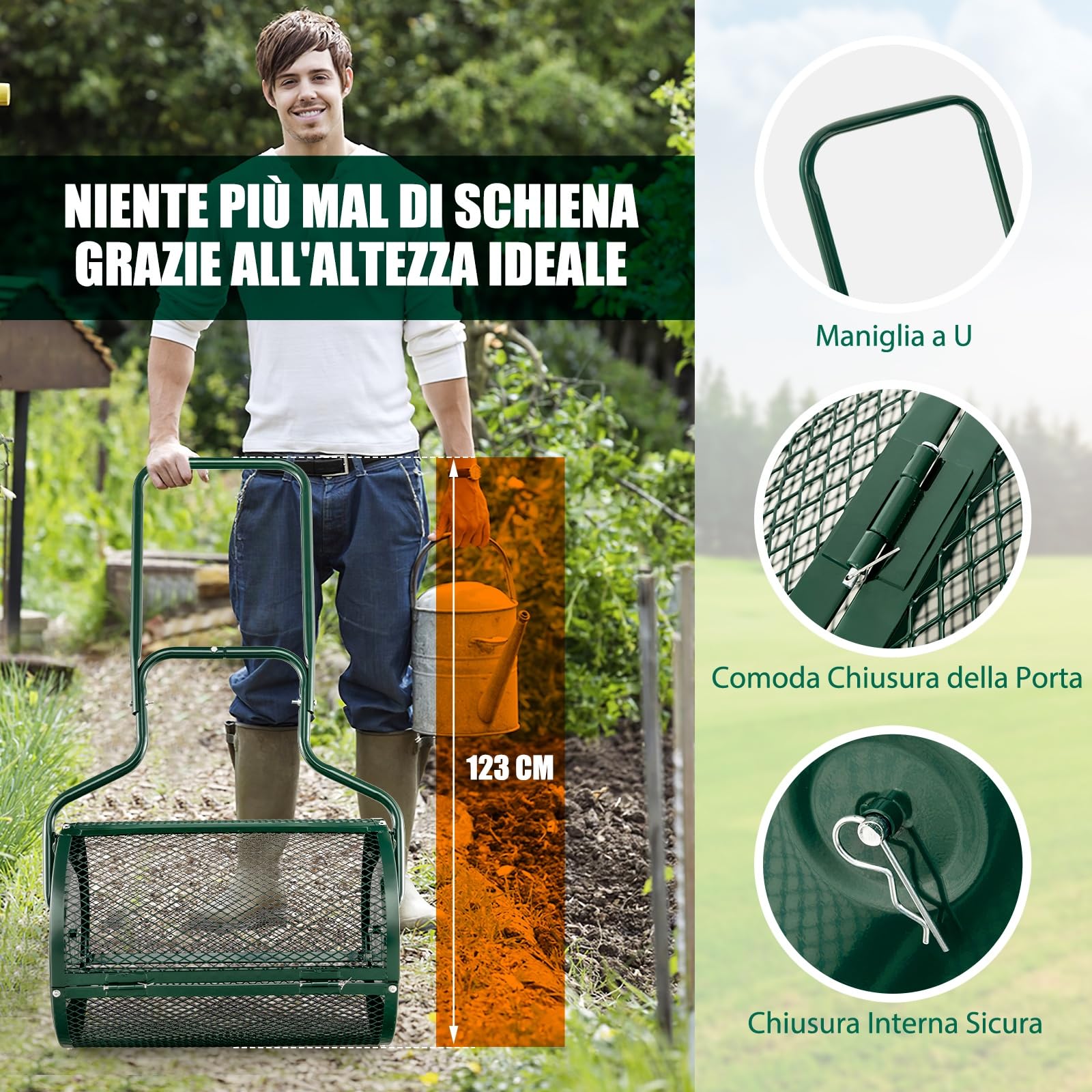 RELAX4LIFE Spandiconcime da 75L, Larghezza 60 cm, Ø Rullo: 41 cm, Spanditore da Giardino/Prato con Cestello in Rete Metallica e Manico, per Compost, Torba, Semi e Terriccio (41 x 60 cm,Verde)