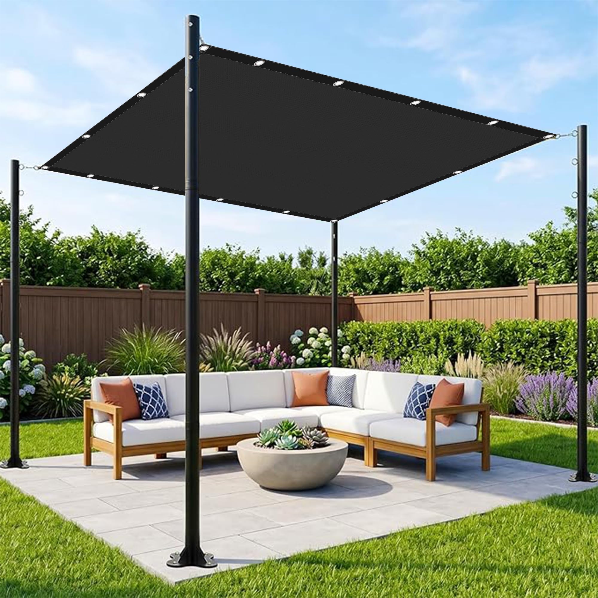 Voile d'ombrage 2x3.5m noir en polyester anti-UV avec oeillets pour terrasse