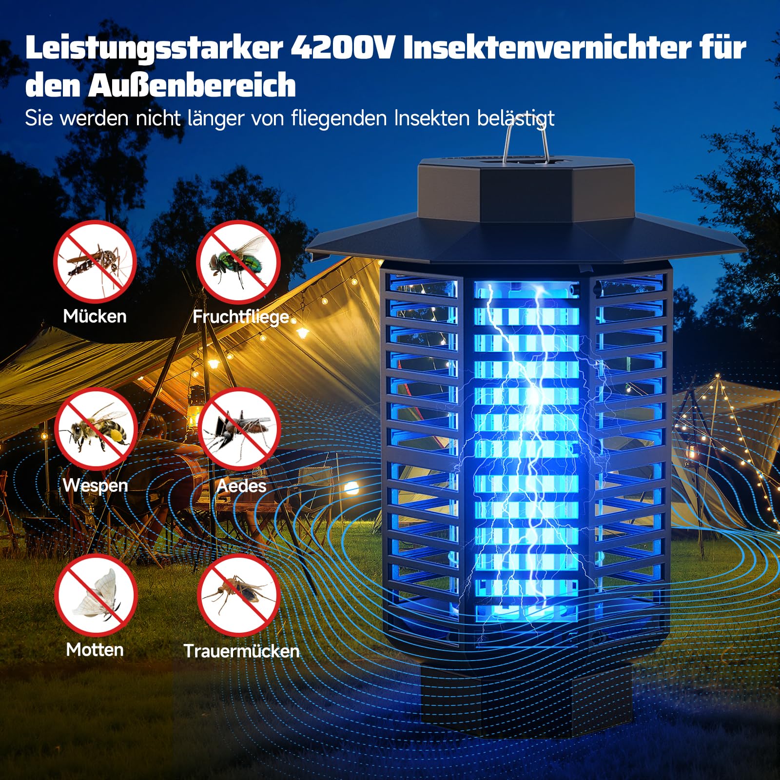 Insektenvernichter Elektrisch 4200V,Mückenlampe 18W UV Licht,IPX4 Wasserdichte Fliegenfalle Elektrisch Mückenfalle für Innen & Außenbereich,Insektenfänger gegen Mücken,Fliegen,Wespen