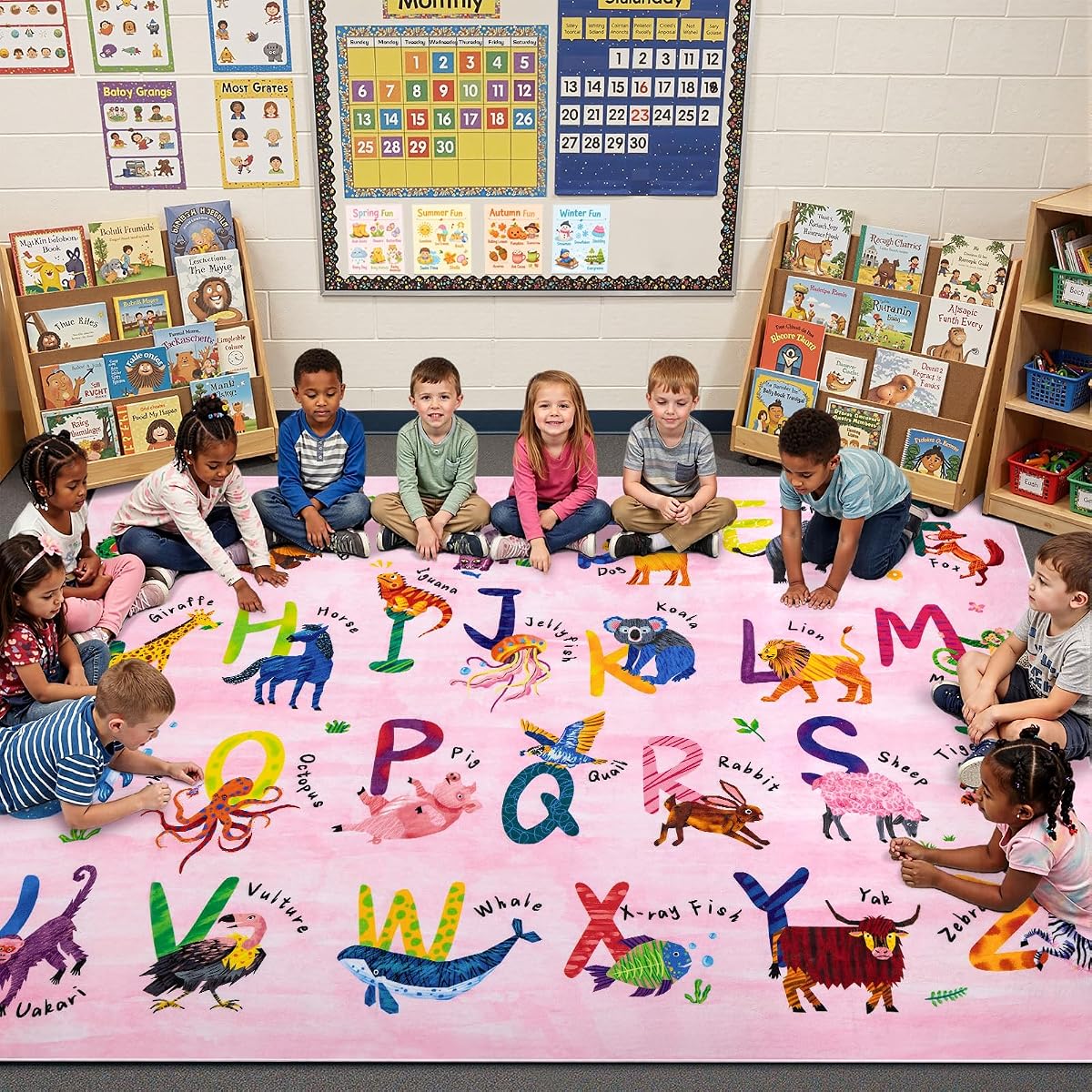 3x5 ABC Classroom Rug for Kids Playroom, Alphabet Rug with 26 Animals | Pink Kids Rug,Non-Slip Washable Kids Carpet, Educational Preschool Play Mat for Daycare, Nursery, Toddler Bedroom
