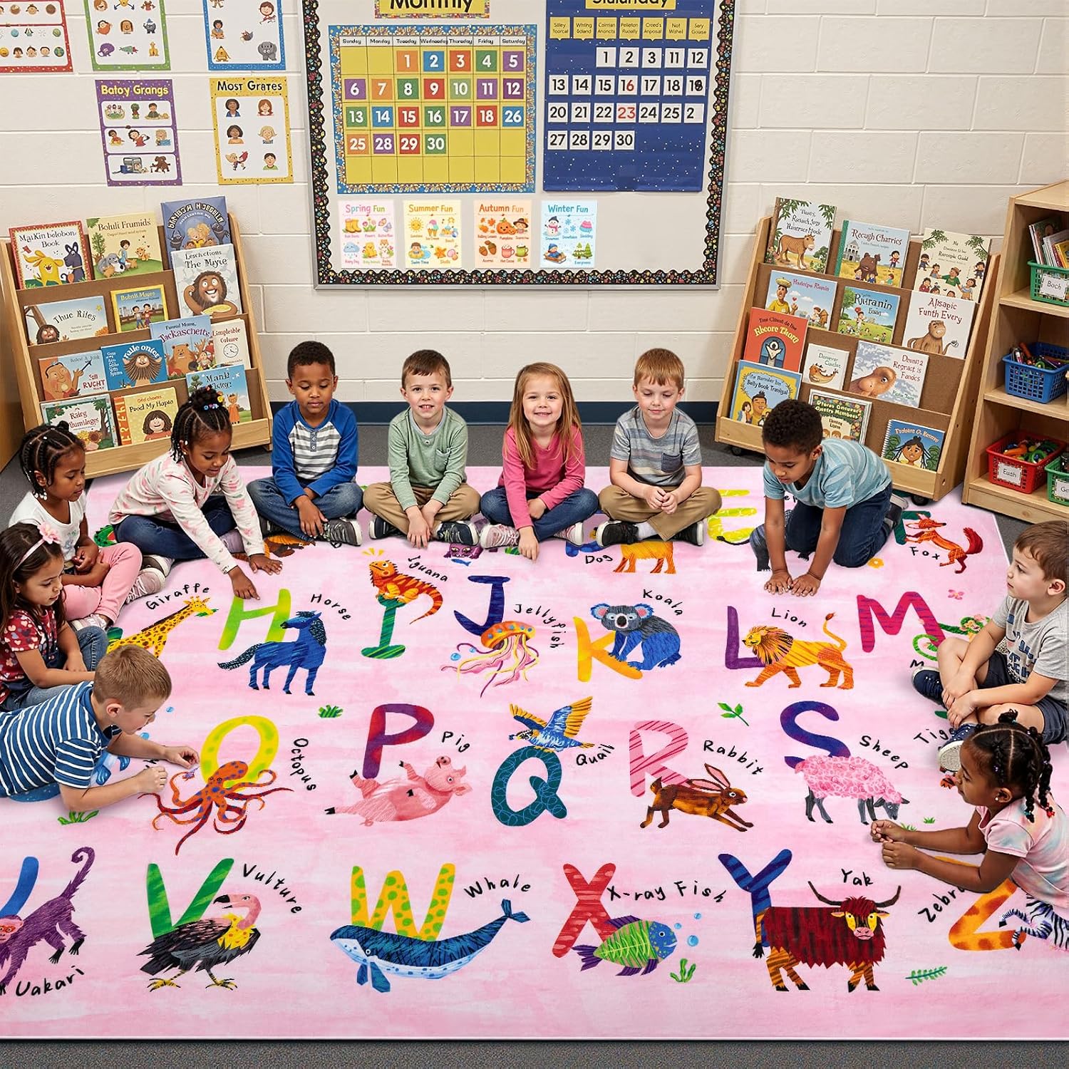6x9 ABC Classroom Rug for Kids Playroom, Alphabet Rug with 26 Animals, Non-Slip Washable Kids Carpet, Educational Preschool Play Mat for Daycare, Nursery, Toddler Bedroom