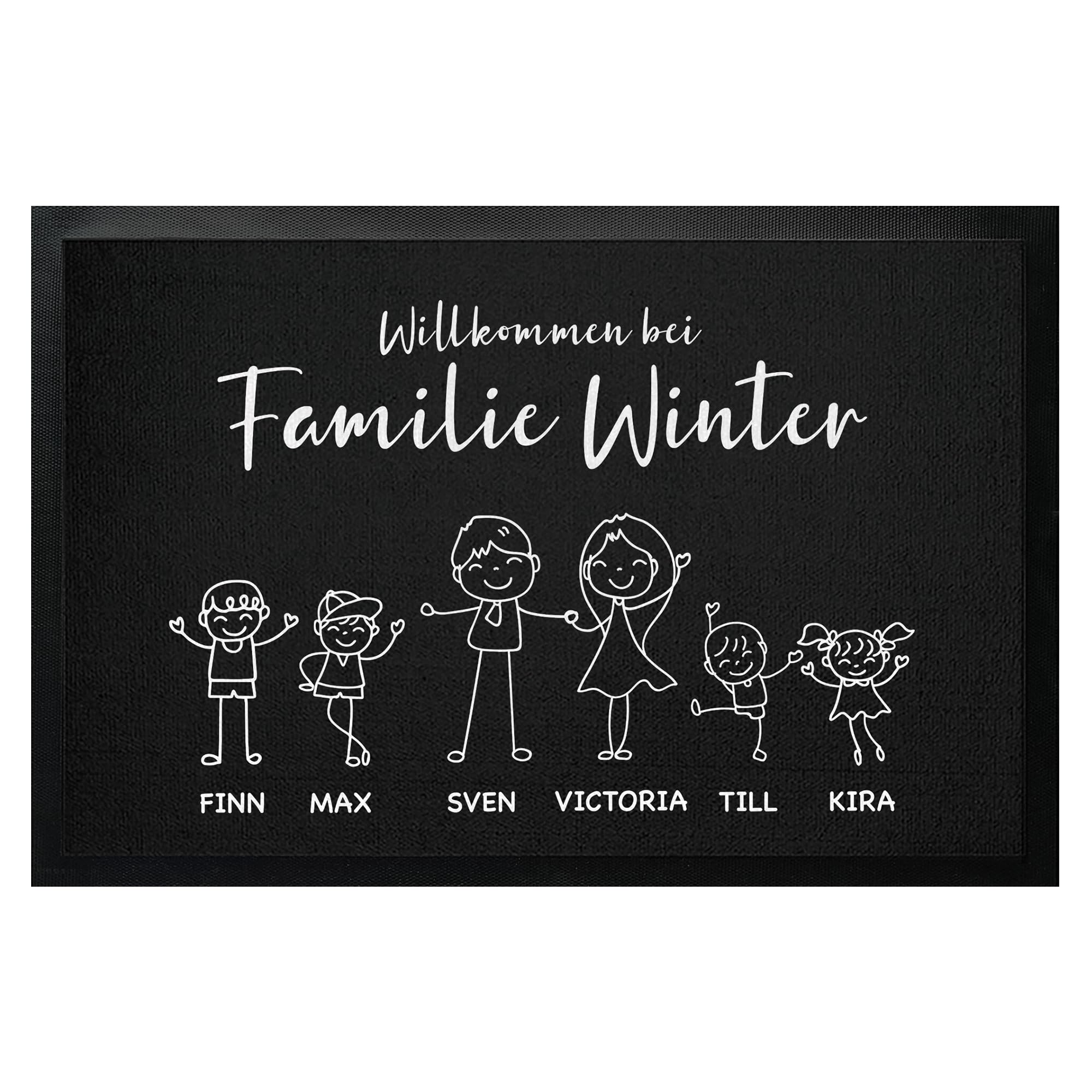 Fußmatten personalisiert Familie Namen Strichmännchen | Willkommen bei Familie Wunschtext bis 120cm | Türmatte Familie personalisiert | Geschenk Einzug, Umzug, Geburtstag (75x50cm)