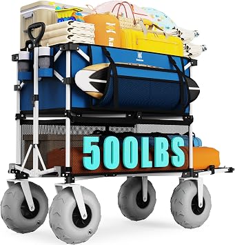 Navatiee 500Lbs Double Decker Wagon, 400L Large Capacity Heavy Duty Beach Cart with 9" Balloon Wheels for Sand, Folding Collapsible Wagon with Side Pocket for Beach, Sport, Camping, Blue
