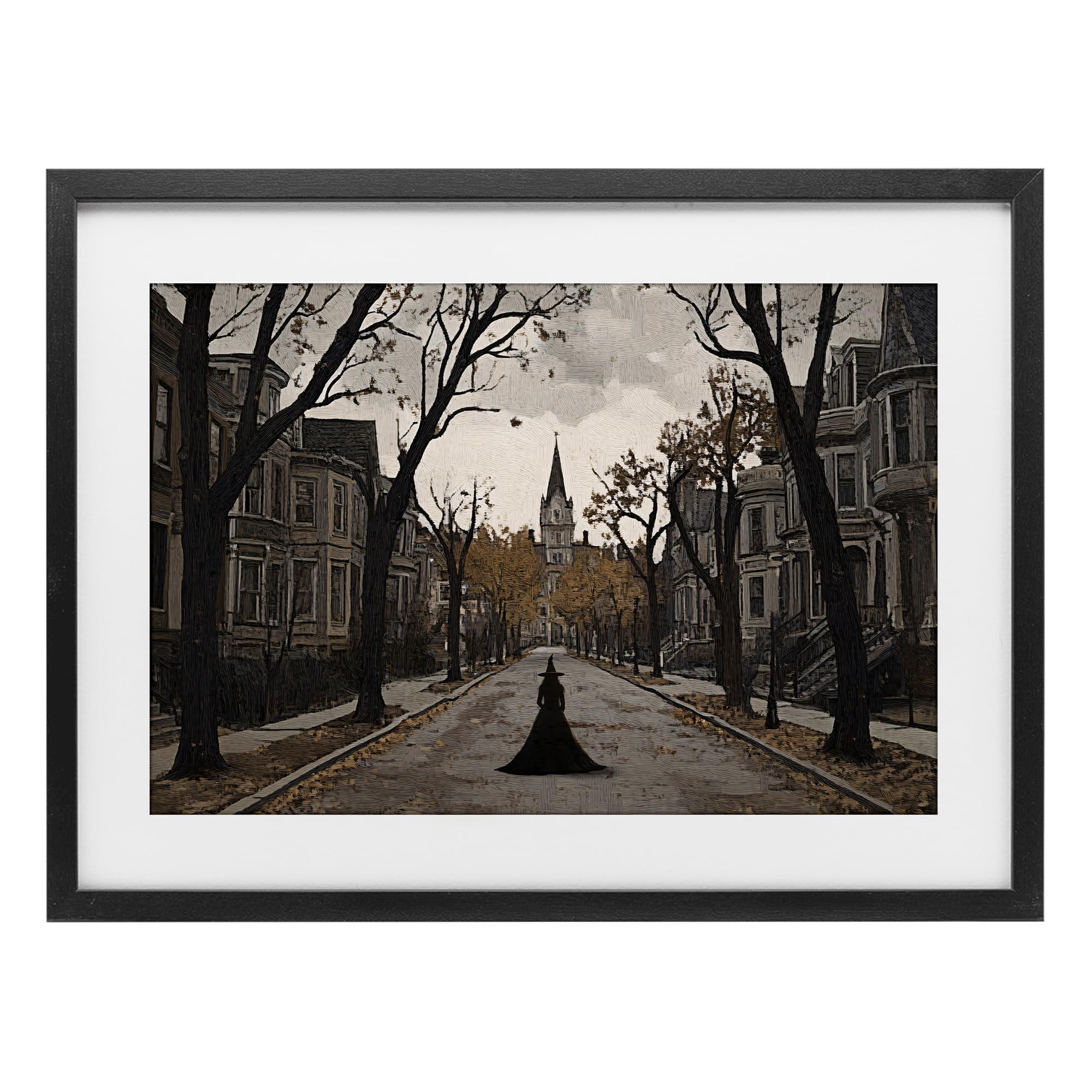 Stupell Industries Midnight Black (Textured) 'Witch Strolling Town Streets'| Framed Print Under Glass