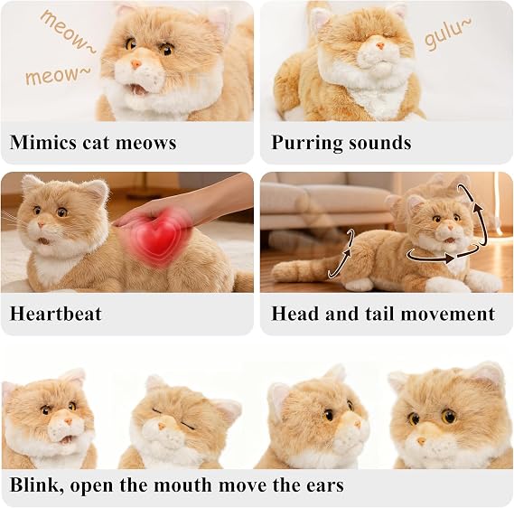 Chongker 24.8 Interactive Robot Cat Plush Realistic Stuffed Animals, Companion Robotic Cat with Meow Purring Heartbeat, Eye Mouth Ear Movement, Kitten Electronic Kitty Toy for Seniors