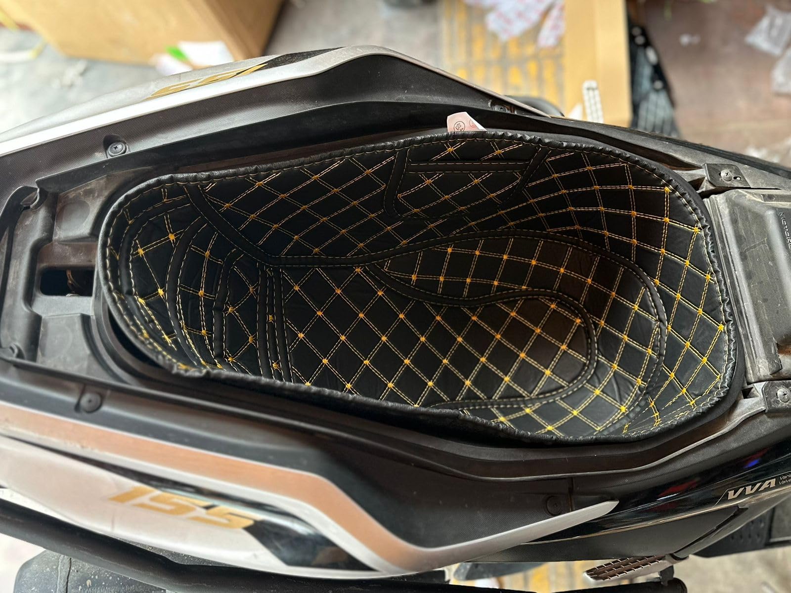 PITSTOP Storage Box Bag Bucket Protector Compatible with Aerox 155, Black with Gold Diamond Stitch-image-9